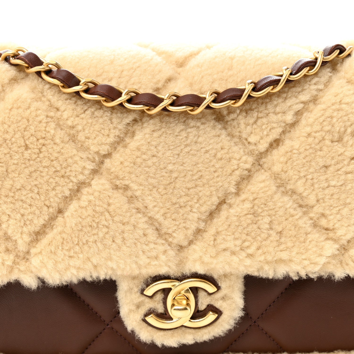 Shearling Lambskin Quilted Furry Coco Flap Beige Dark Brown