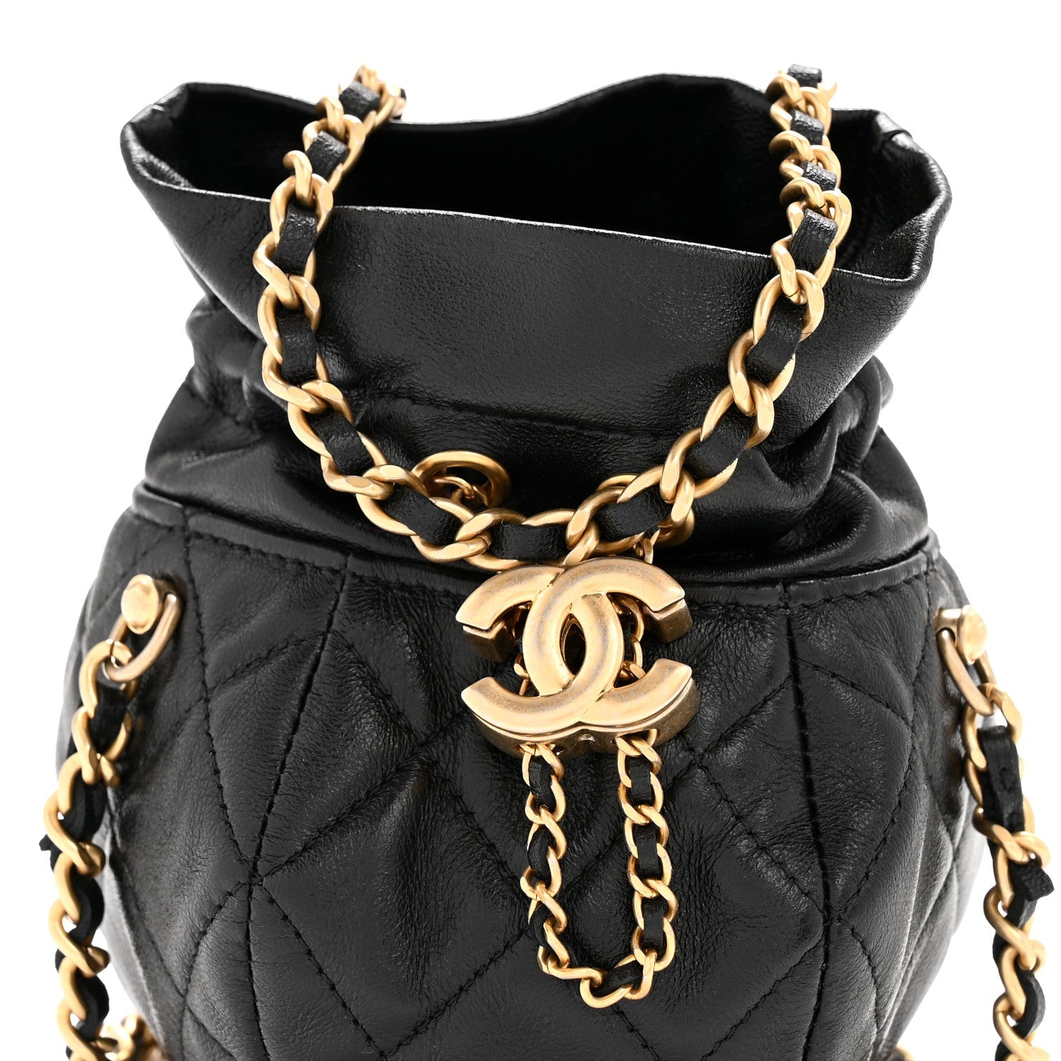 Shiny Lambskin Quilted Mini Drawstring CC Bucket Bag Black