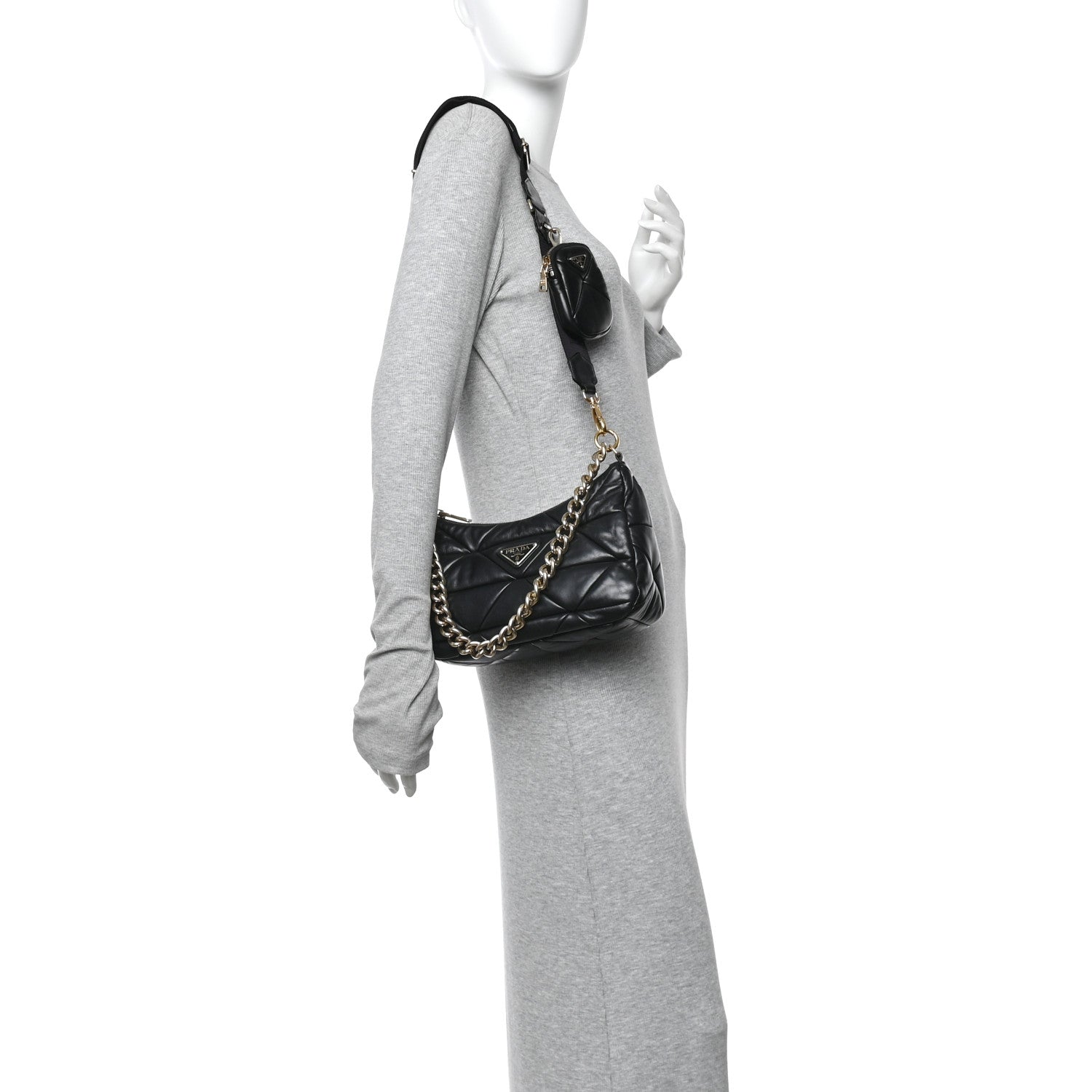 Nappa Re-Nylon Triangle Quilted Patchwork System Shoulder Bag Black
