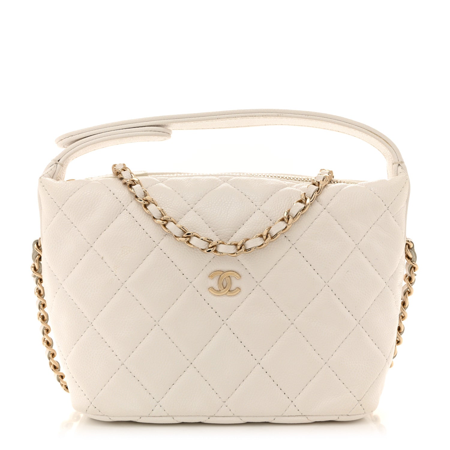 Caviar Quilted Hobo Clutch With Chain White