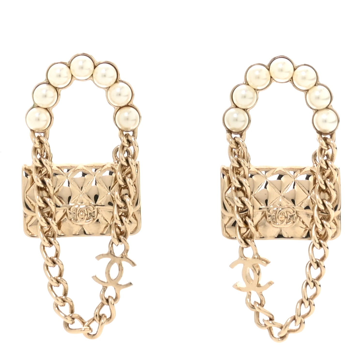 Metal Pearl Quilted CC Flap Bag Earrings Gold