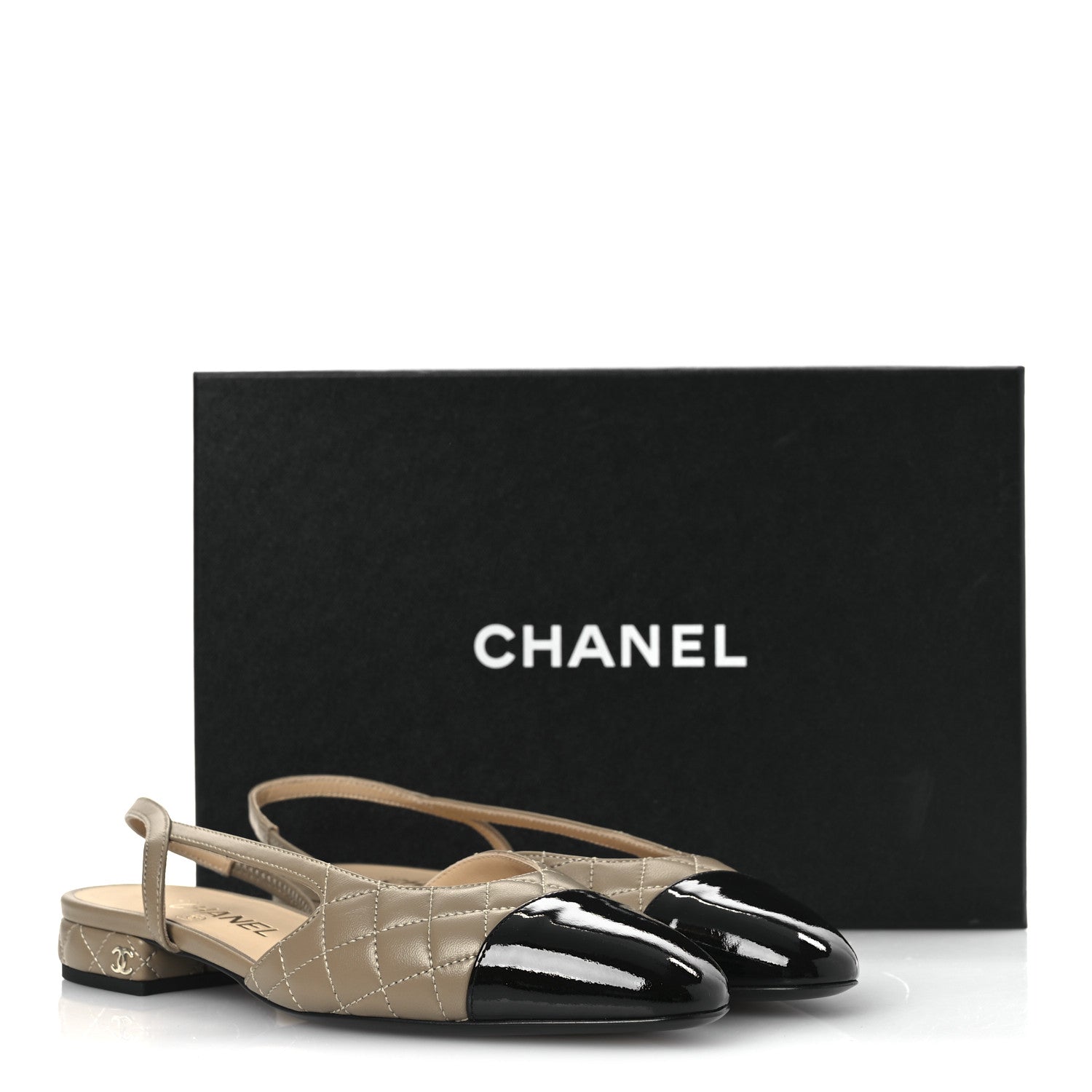 Lambskin Patent Cap Toe CC Slingback Flats 38 Beige Black