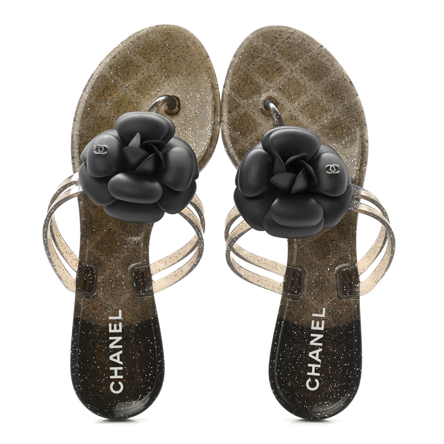 Glitter Jelly Camellia Thong Sandals 37 Black