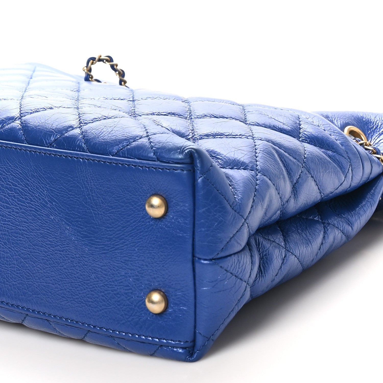 Metallic Aged Calfskin Quilted Drawstring Shopping Tote Blue
