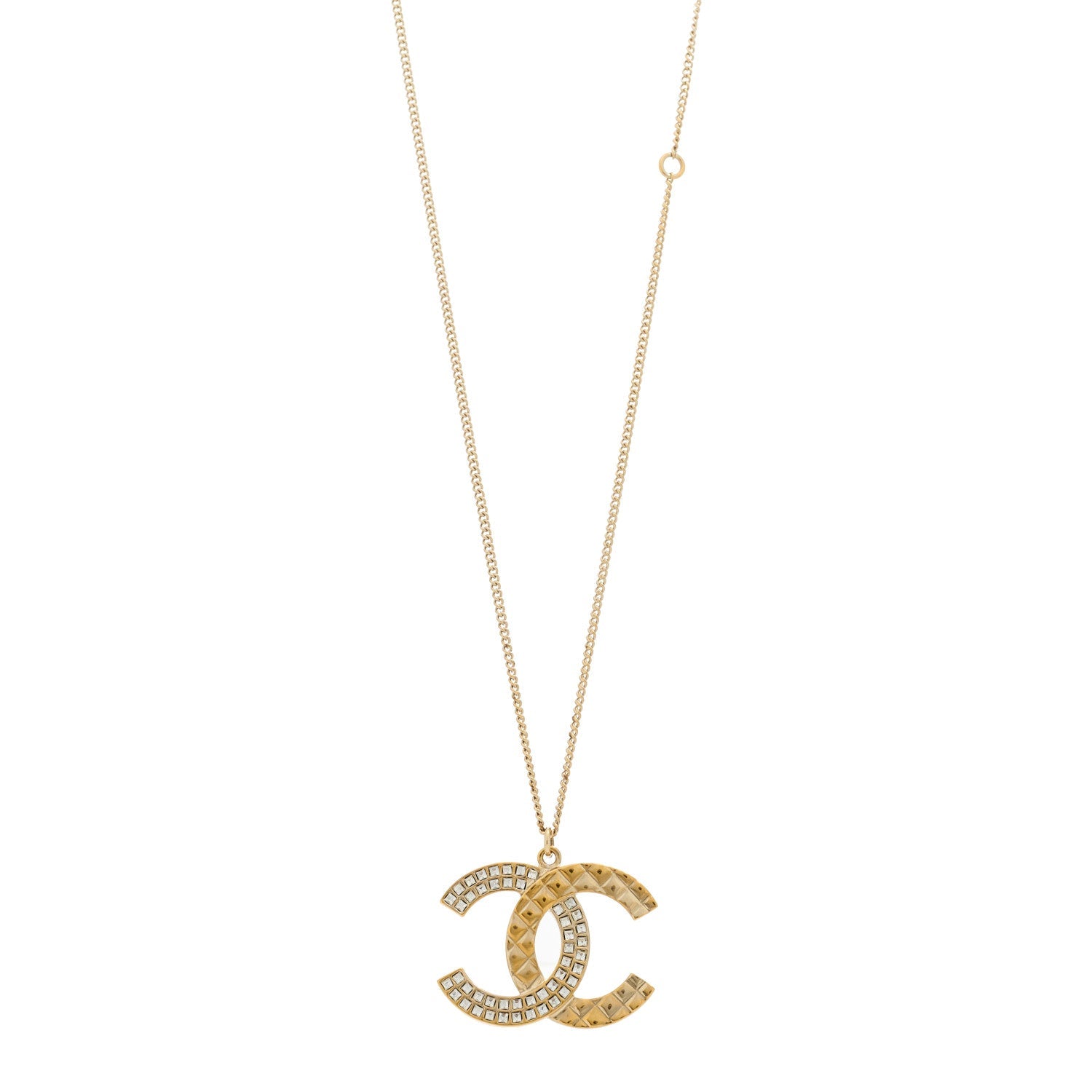 Crystal Metal Quilted CC Pendant Necklace Gold