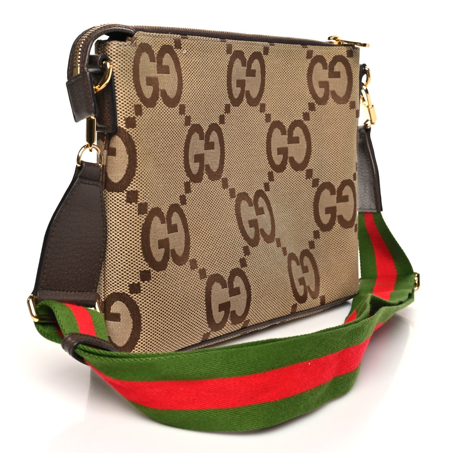 Monogram Jumbo GG Textured Dollar Calfskin Web Wristlet Messenger Bag Camel Ebony New Acero