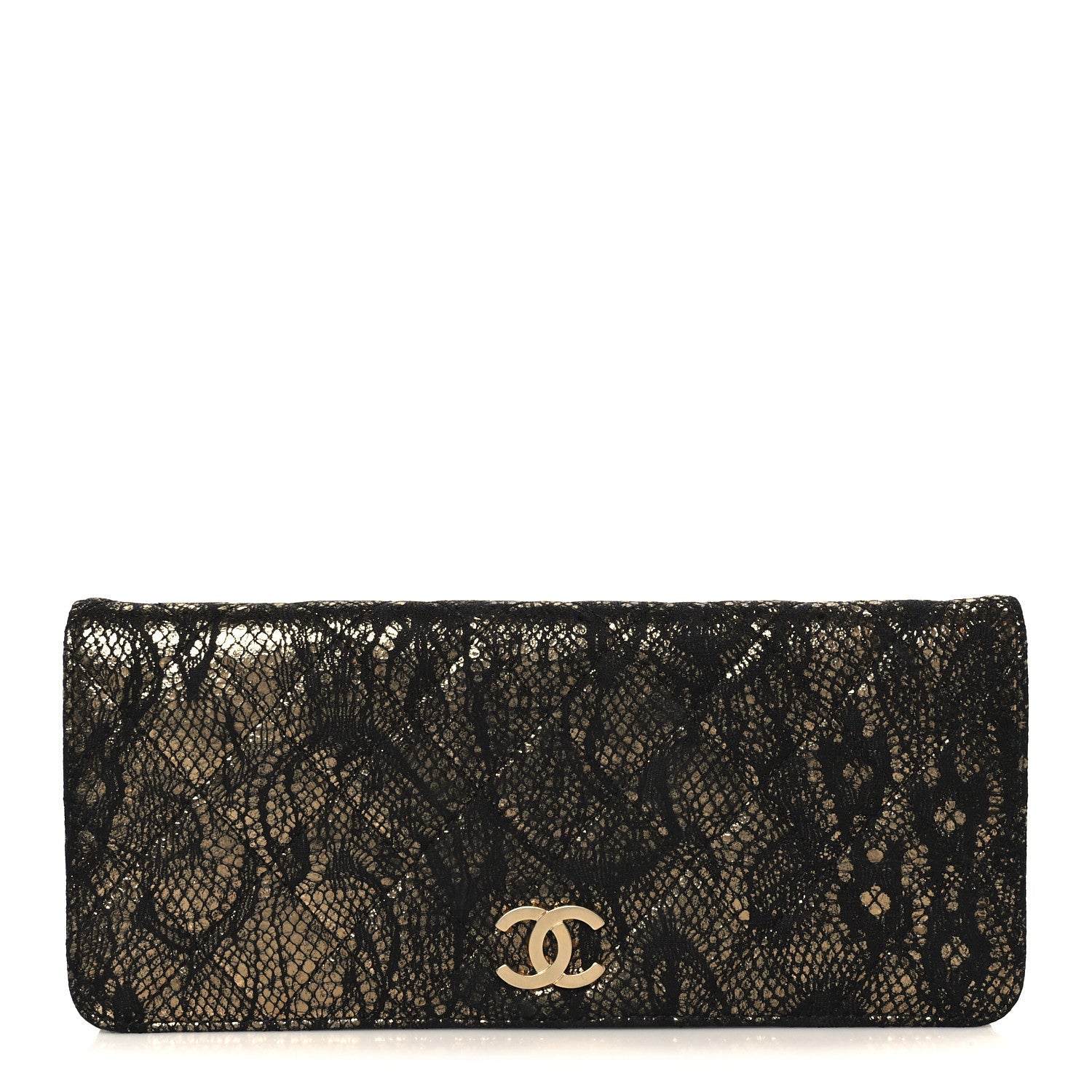 Metallic Fabric Lace Effect Quilted Clutch Black Gold