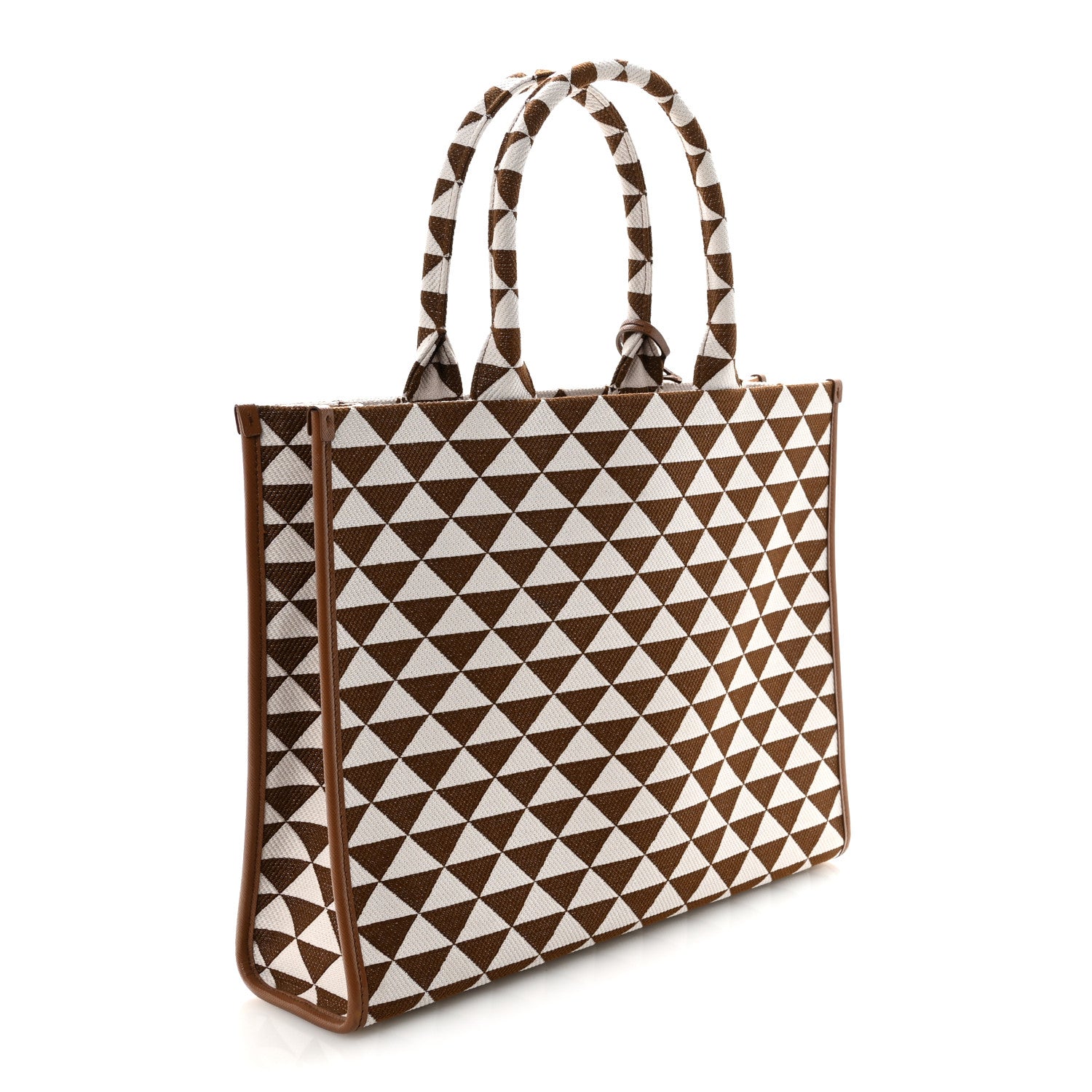 Jacquard Saffiano Triangolo Symbole Embroidered Large Tote Tobacco Talco