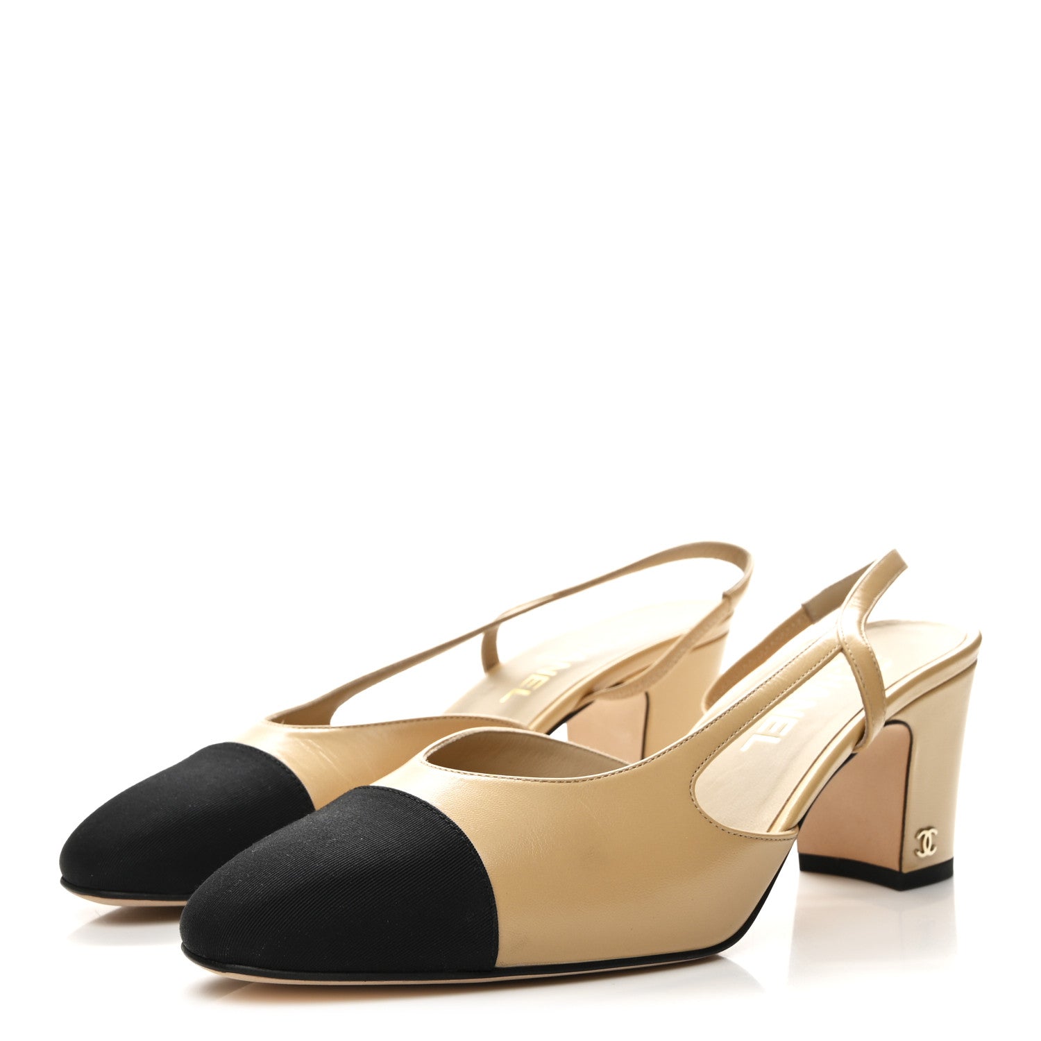 Goatskin Grosgrain Cap Toe CC Slingback Pumps 40.5 Beige Black