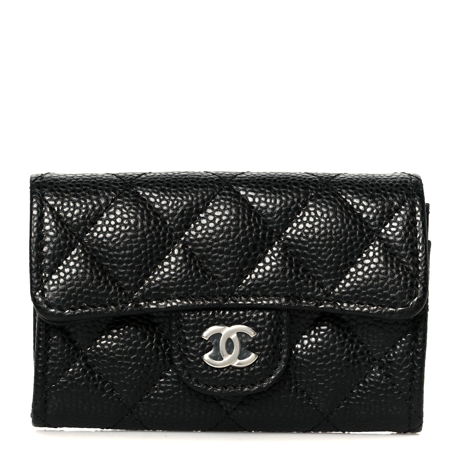 Caviar Quilted Flap Card Holder Wallet Black