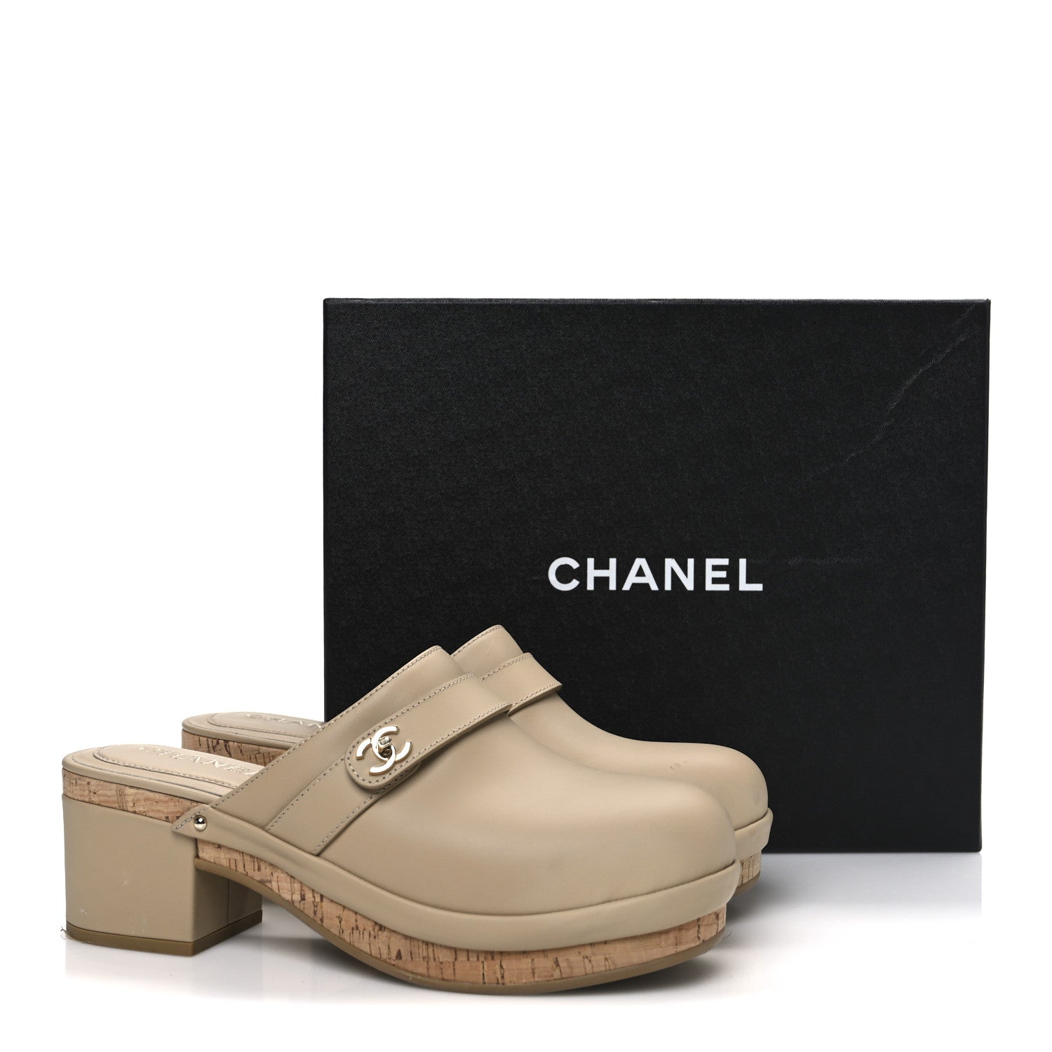 Calfskin CC Turn Lock Clogs 40 Beige
