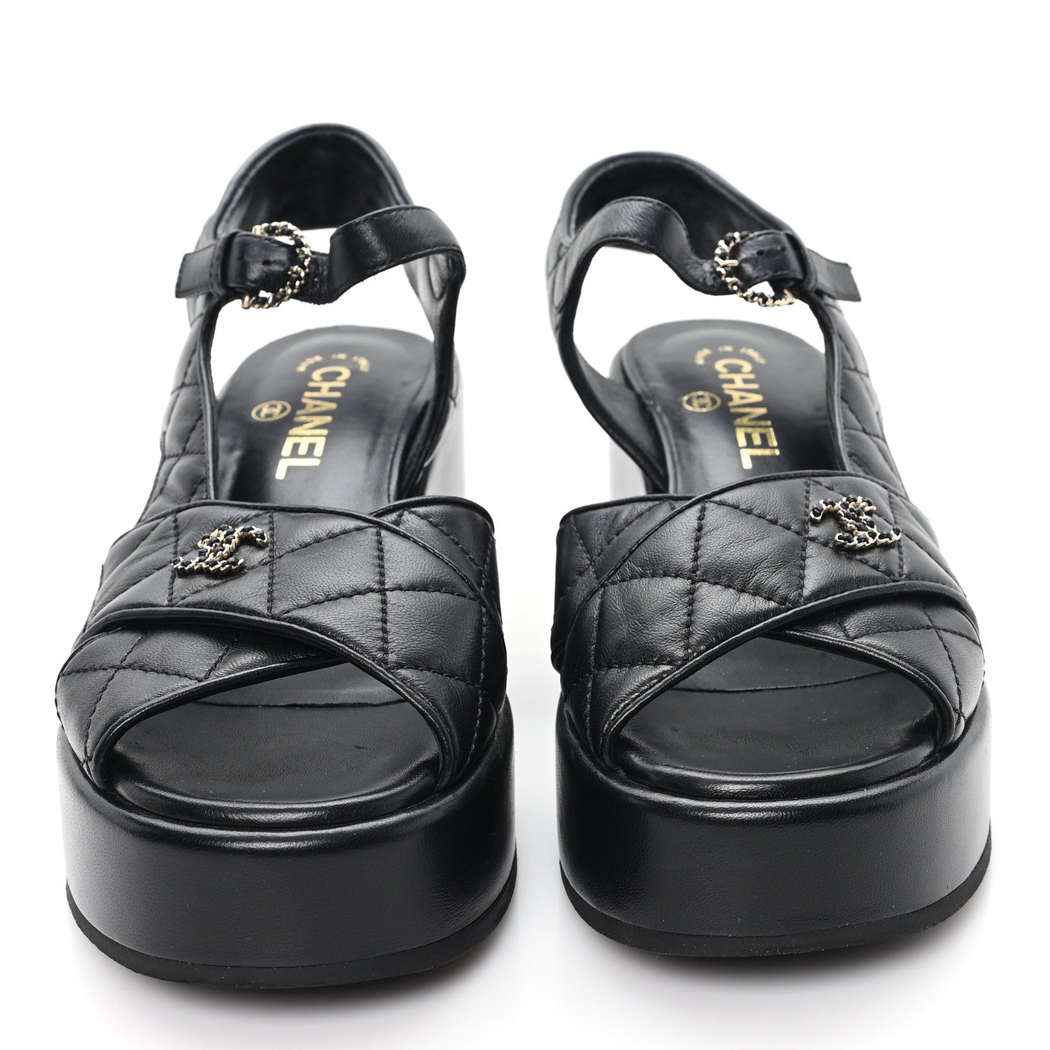 Lambskin Quilted CC Platform Sandals 37.5 Black