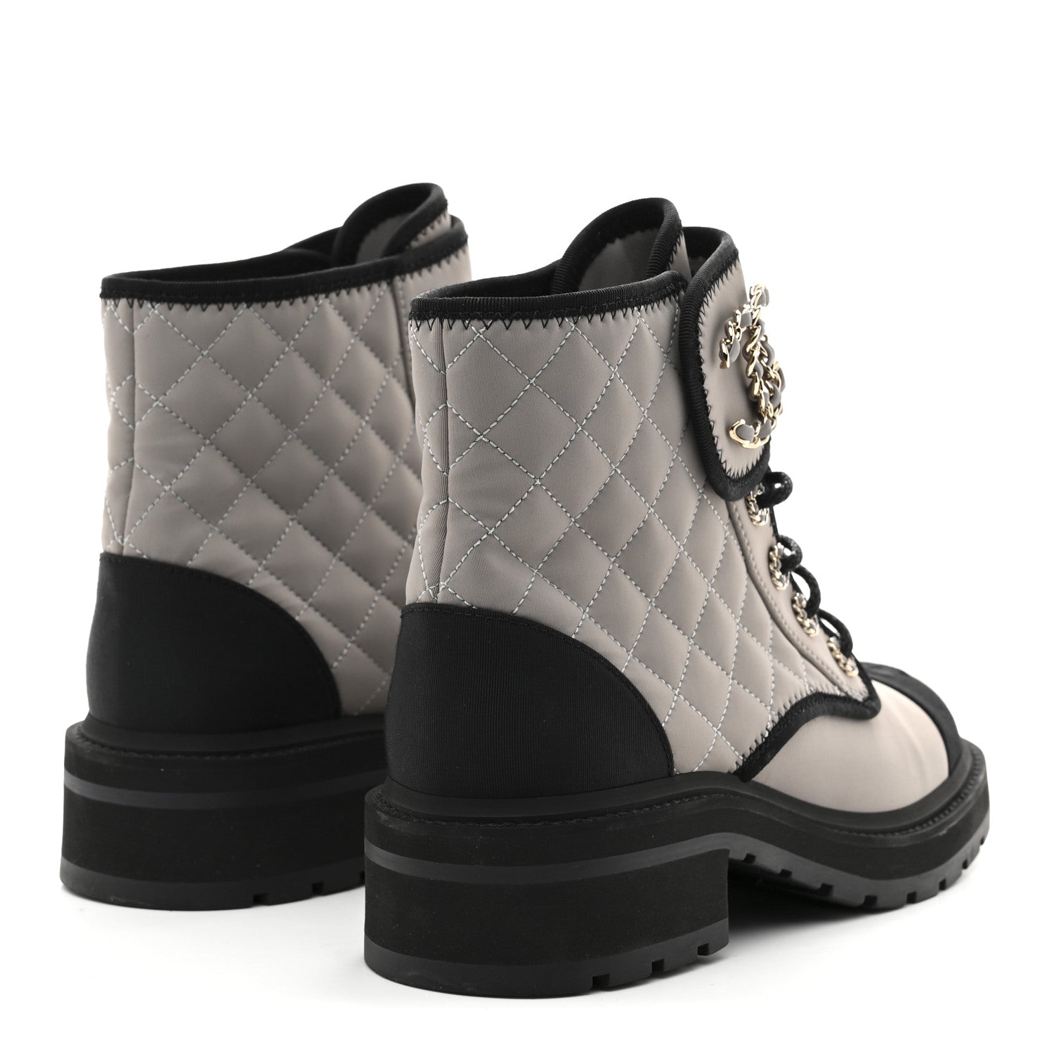 Fabric Grosgrain Quilted Cap Toe Lace Up Combat Boots 39 Grey Black