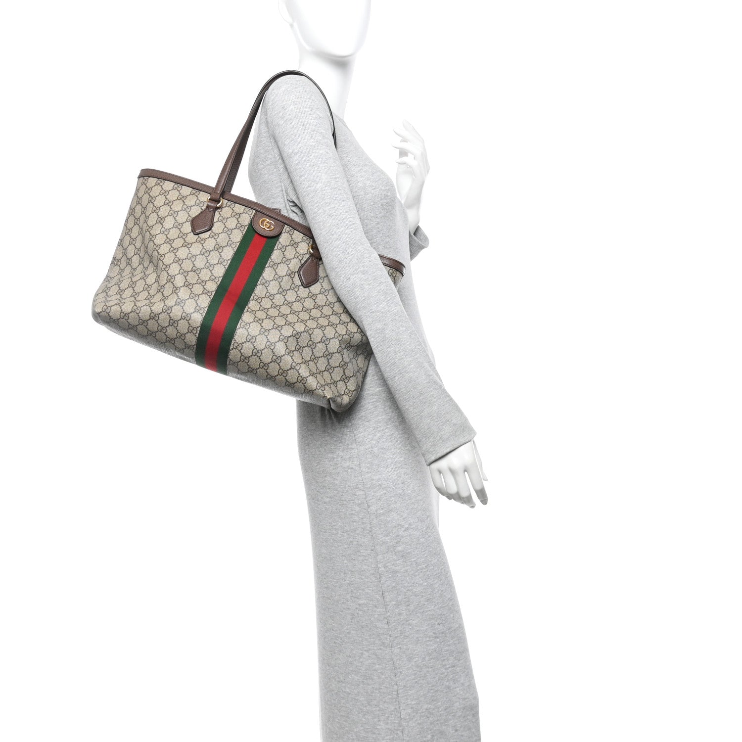 GG Supreme Monogram Textured Calfskin Web Medium Ophidia Shopping Tote Beige Ebony New Acero