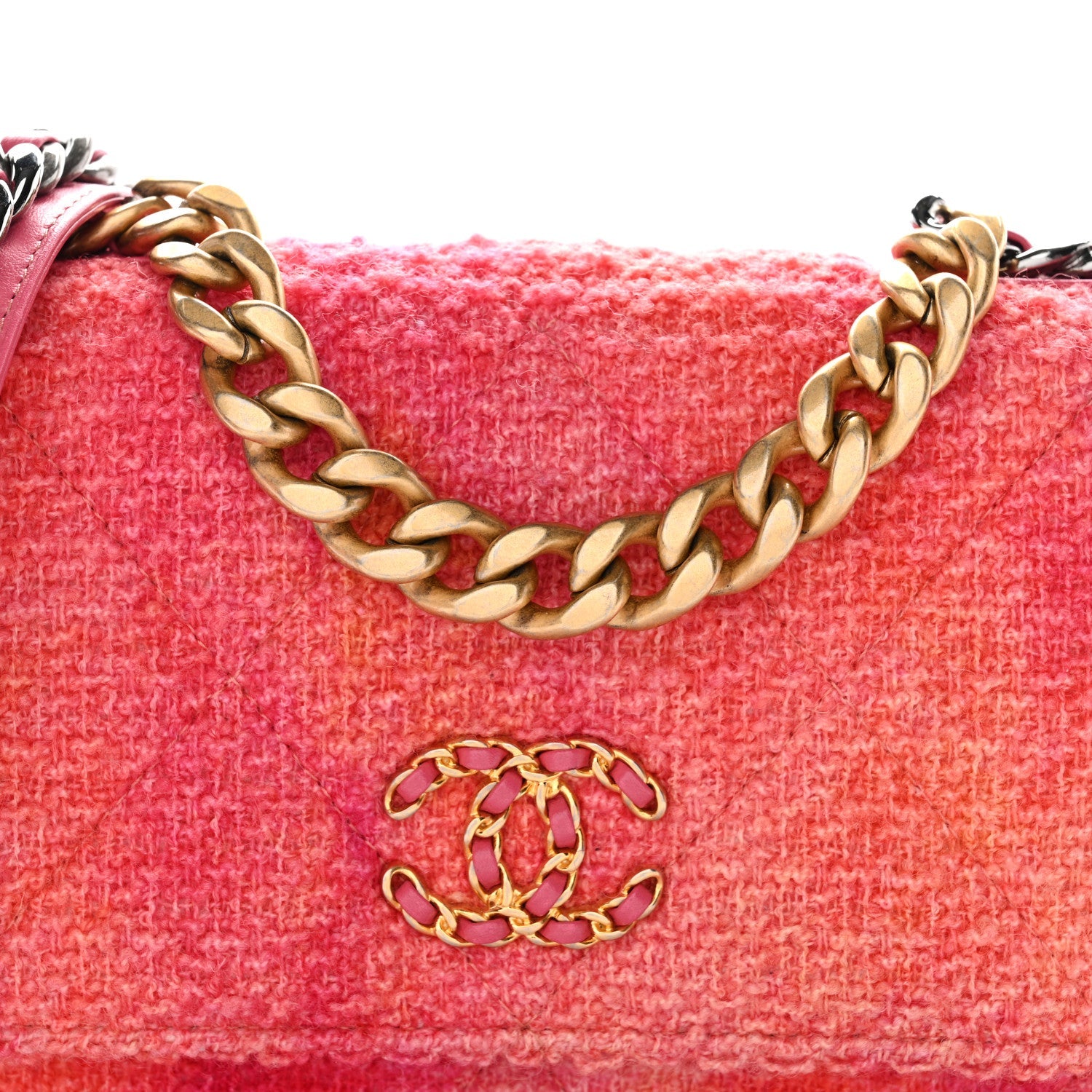 Wool Tweed Lambskin Quilted Chanel 19 Wallet On Chain WOC Coral Pink
