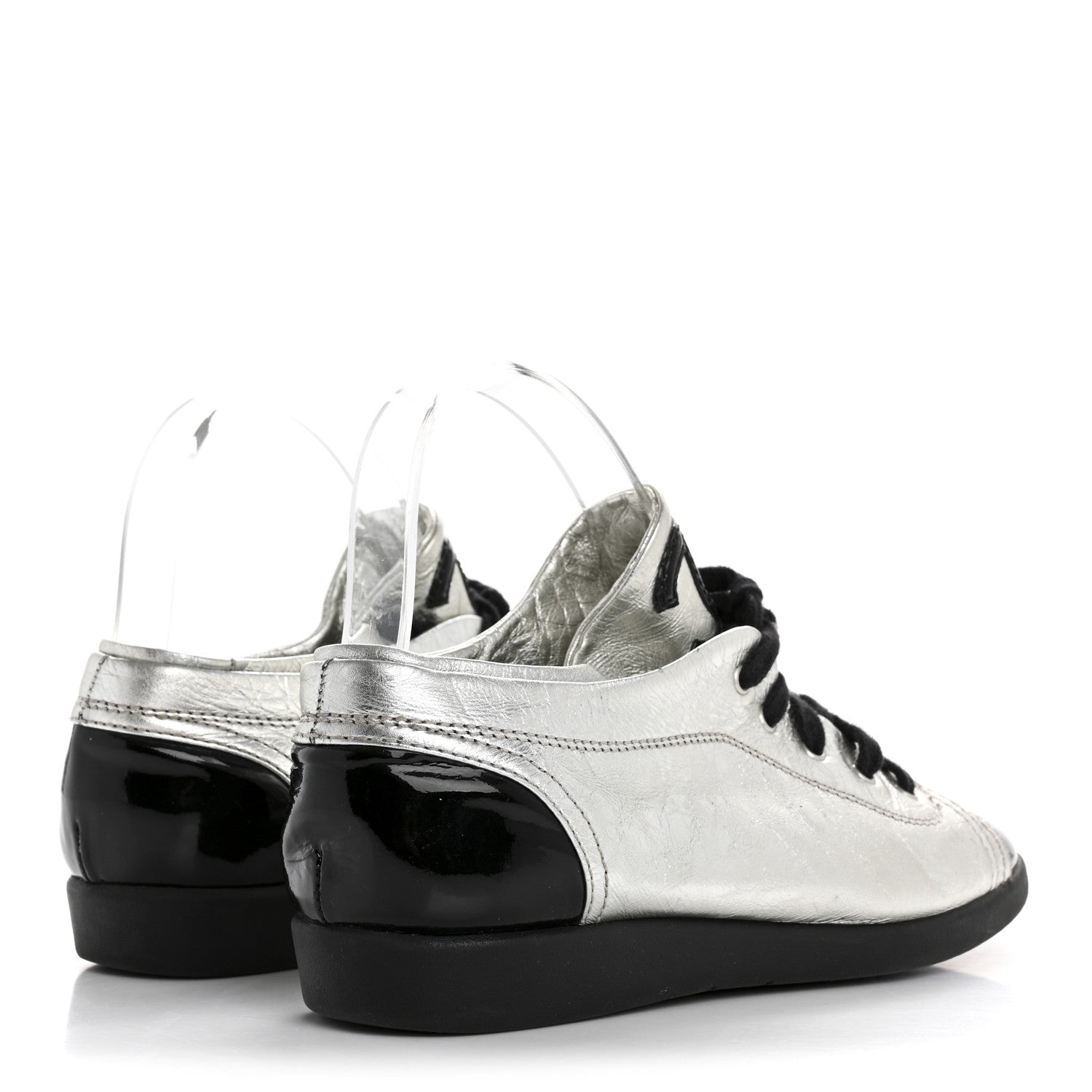 Metallic Lambskin Patent Cap Toe CC Sneakers 38.5 Silver Black
