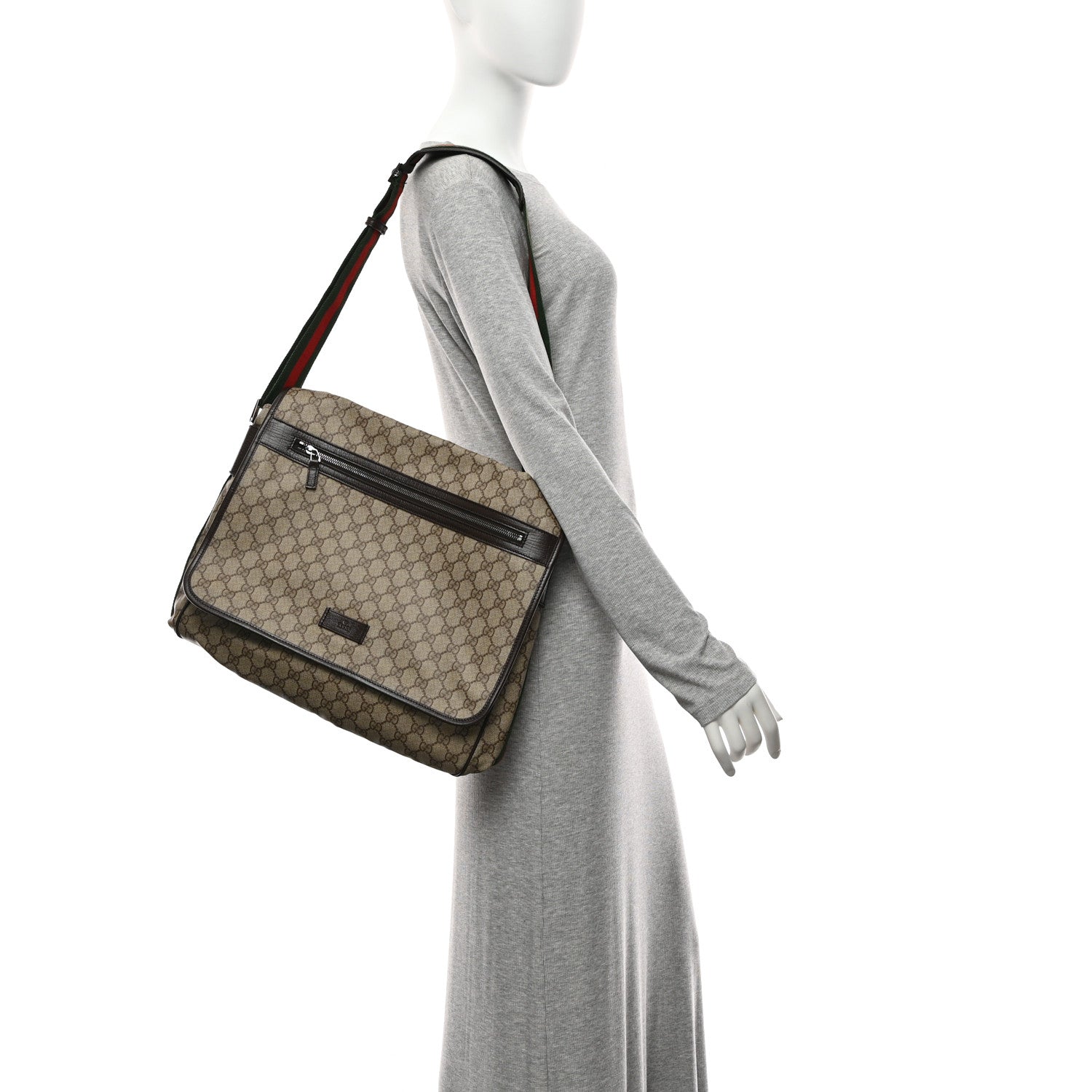 GG Plus Monogram Web Large Flap Messenger Bag Beige Dark Brown
