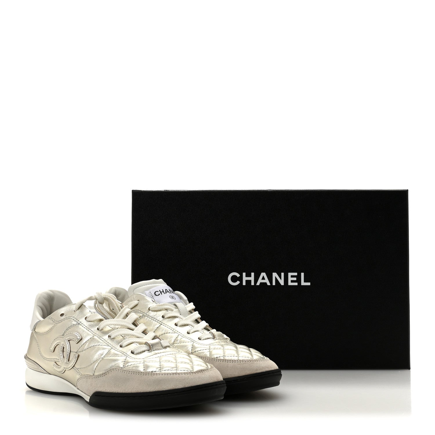 Laminated Calfskin Suede Quilted Womens CC Sneakers 39 Silver White Gray