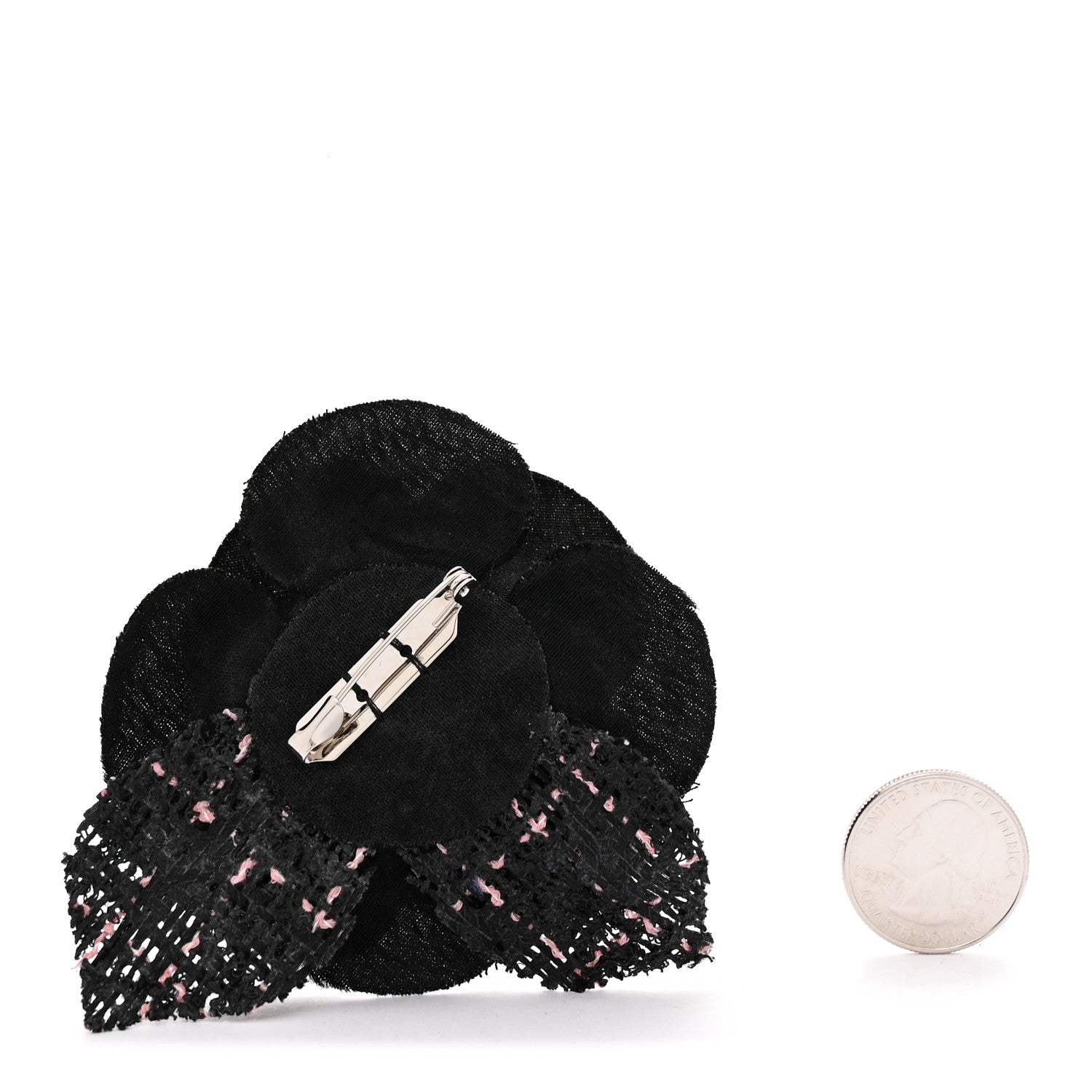 Tweed Camellia Pin Brooch Black Pink