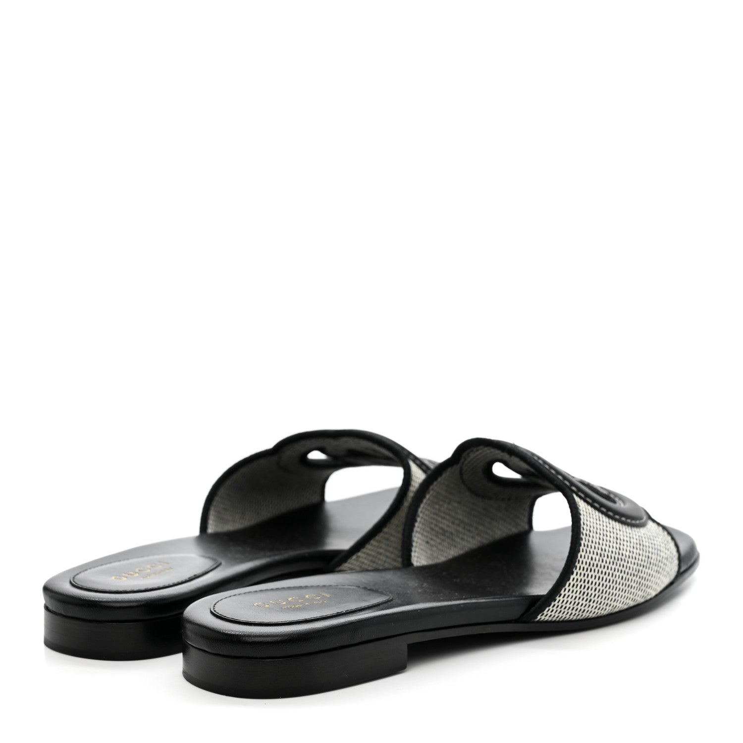 Cosmo Softy Calfskin Canvas Interlocking G Cut Out Slide Sandals 37.5 Natural Black