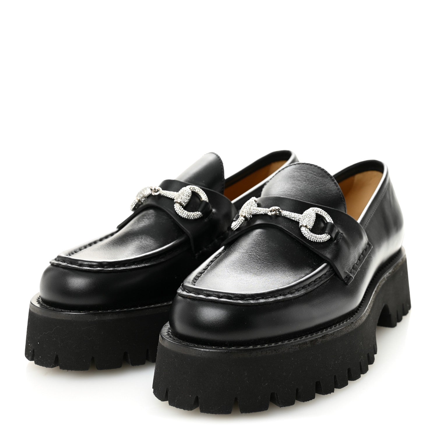 Calfskin Crystal Womens Horsebit Platform Lug Sole Loafers 37.5 Black