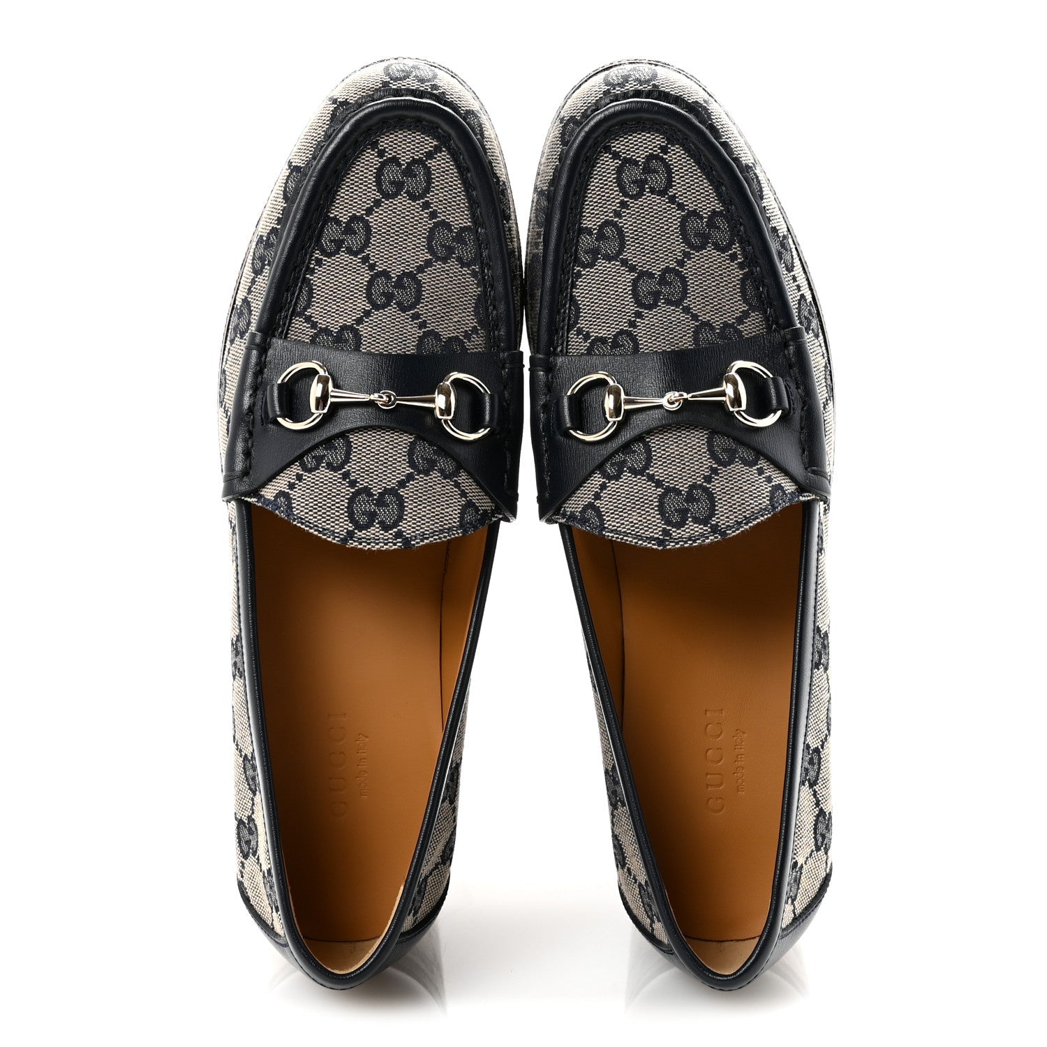 Canvas GG Monogram Horsebit Calfskin Womens Horsebit Platform Loafers 37.5 Beige Blue