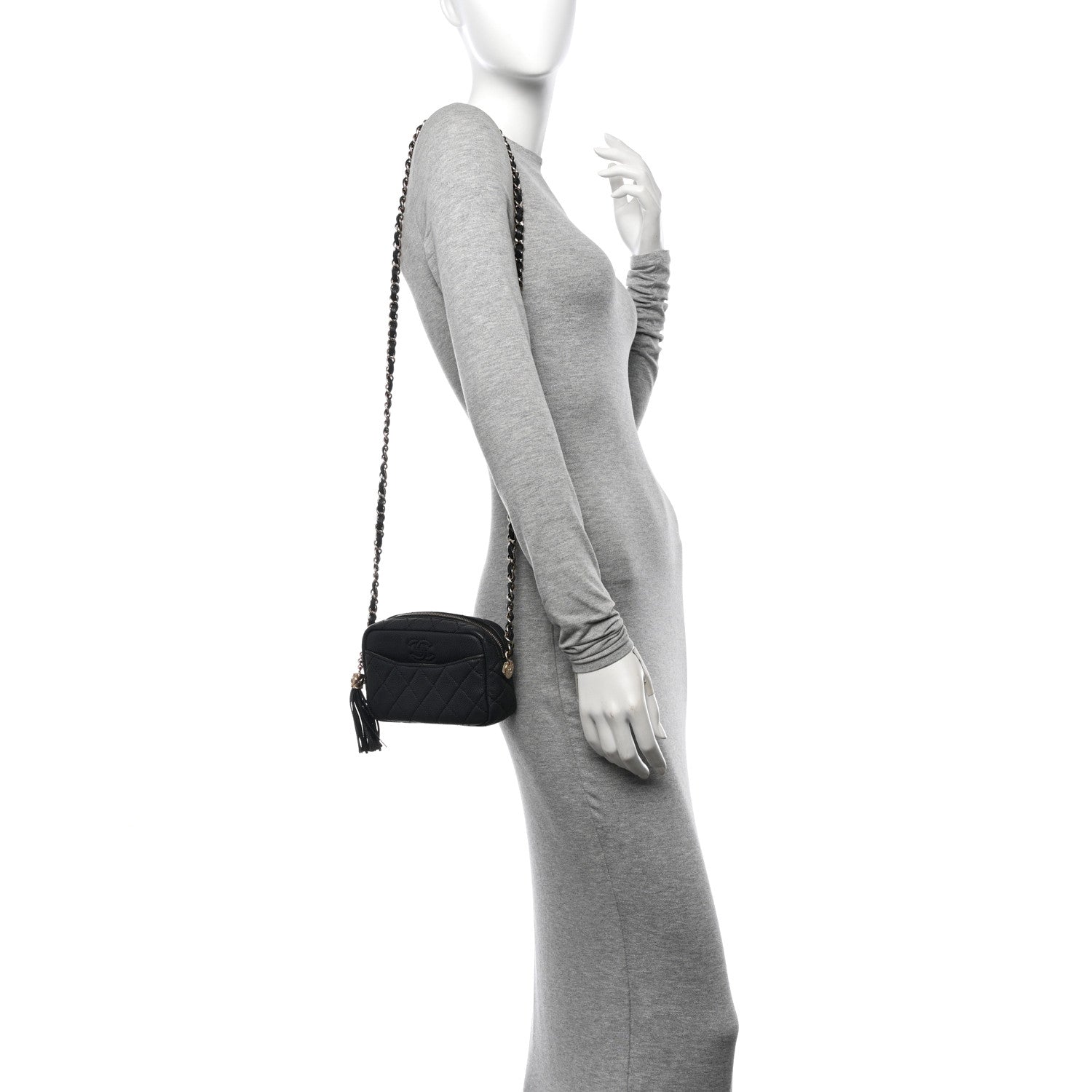 Iridescent Caviar Quilted Mini Coco Tassel Camera Case Black