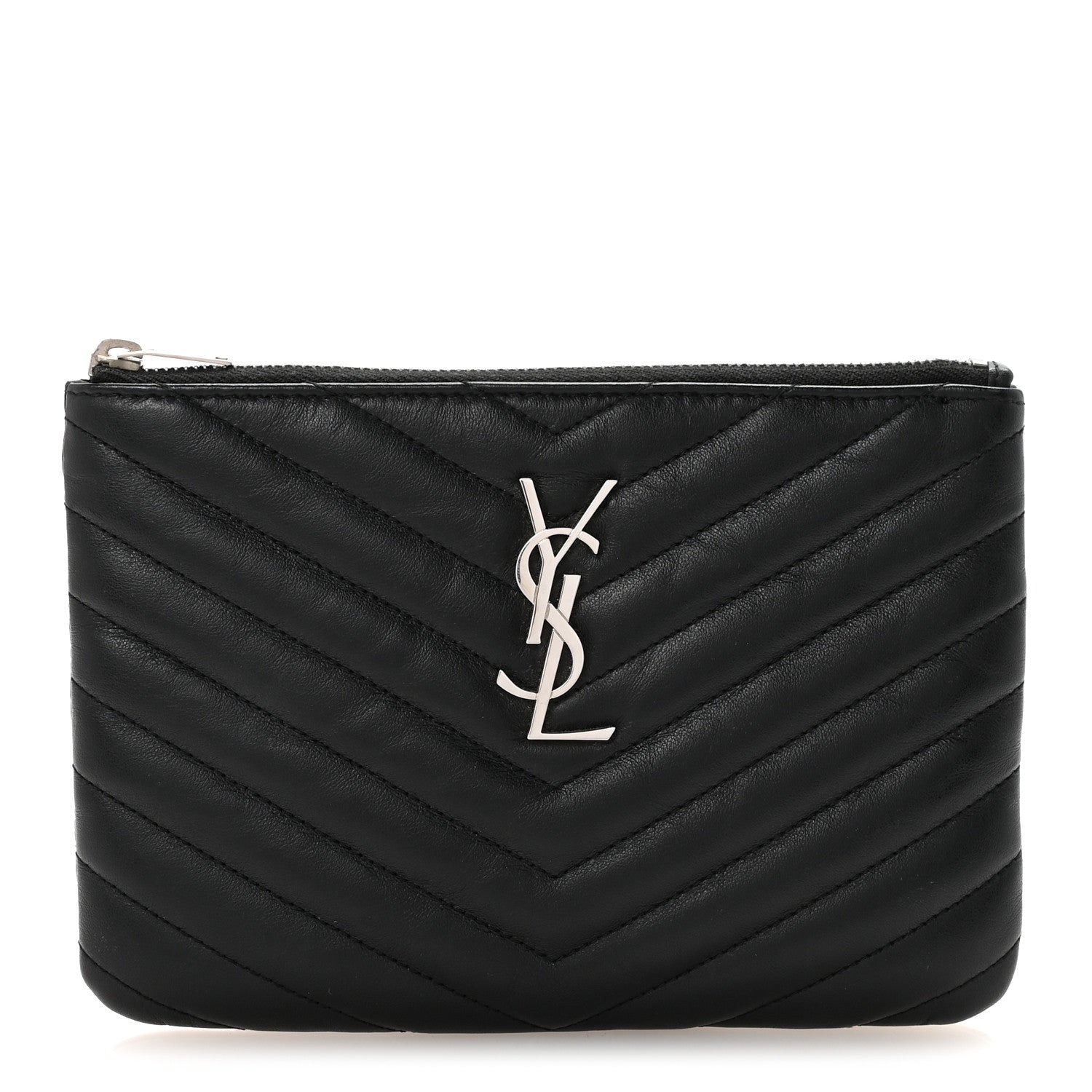 Calfskin Matelasse Chevron Monogram Pouch Black