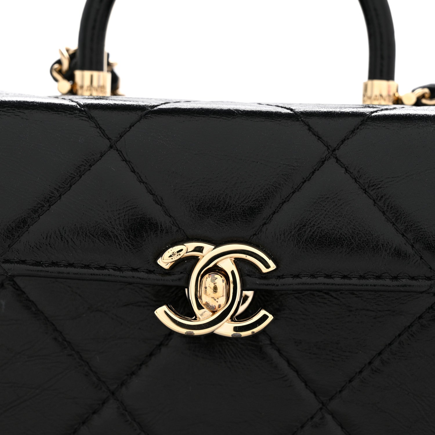 Shiny Calfskin Quilted Top Handle Box Bag Black