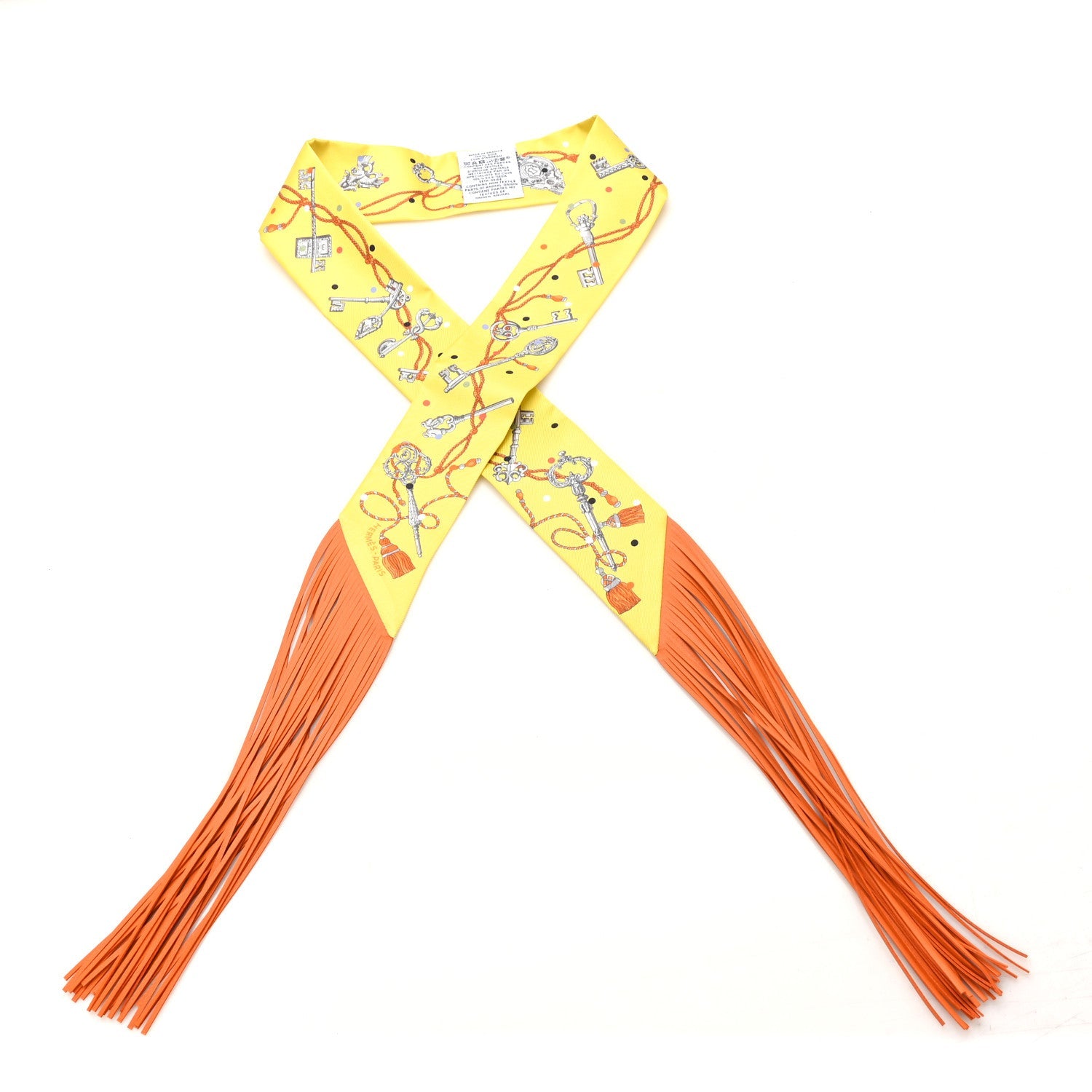 Silk Calfskin Les Cles A Pois Fringed Twilly Jaune Argent Orange Vif