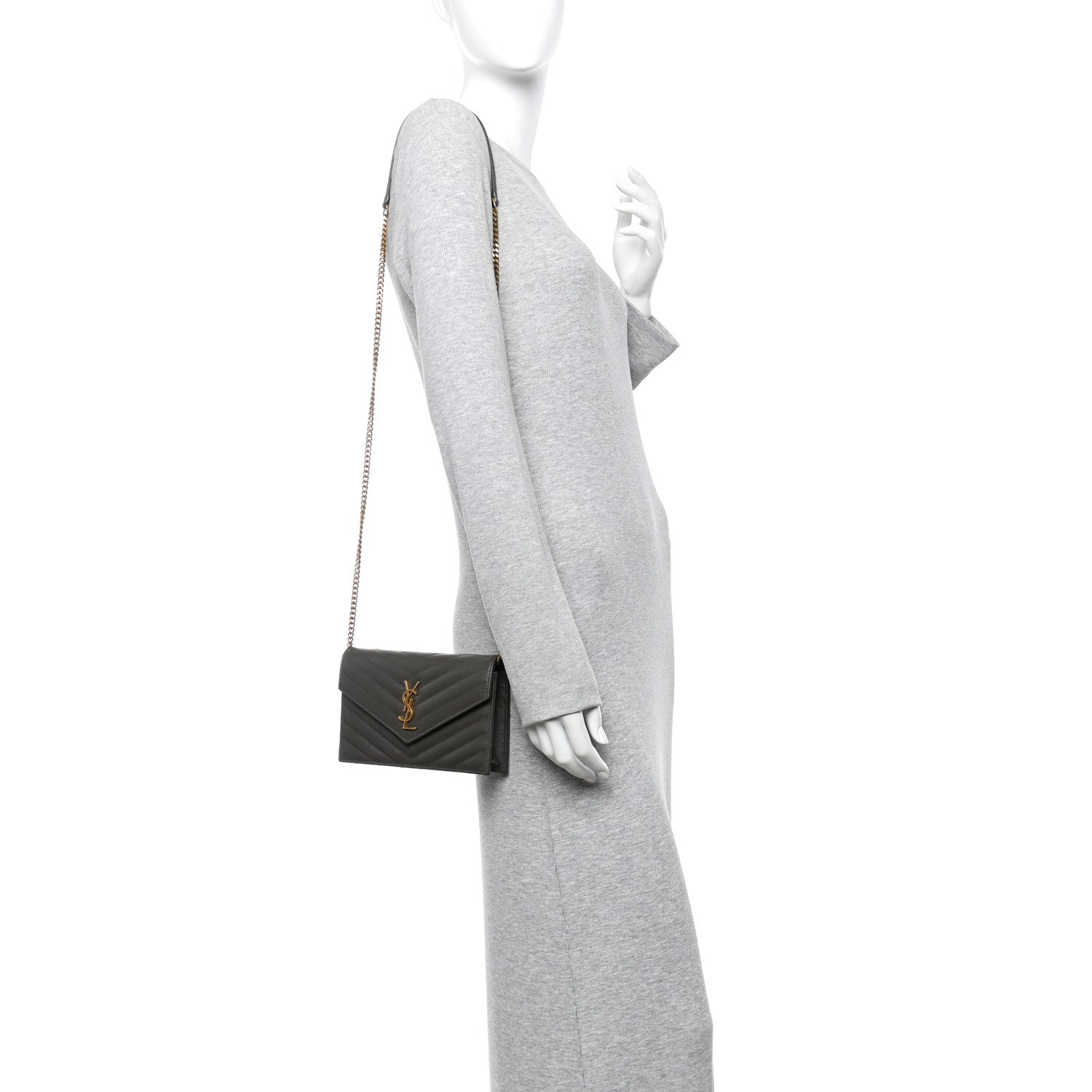 Grain De Poudre Matelasse Chevron Monogram Envelope Chain Wallet Pebble