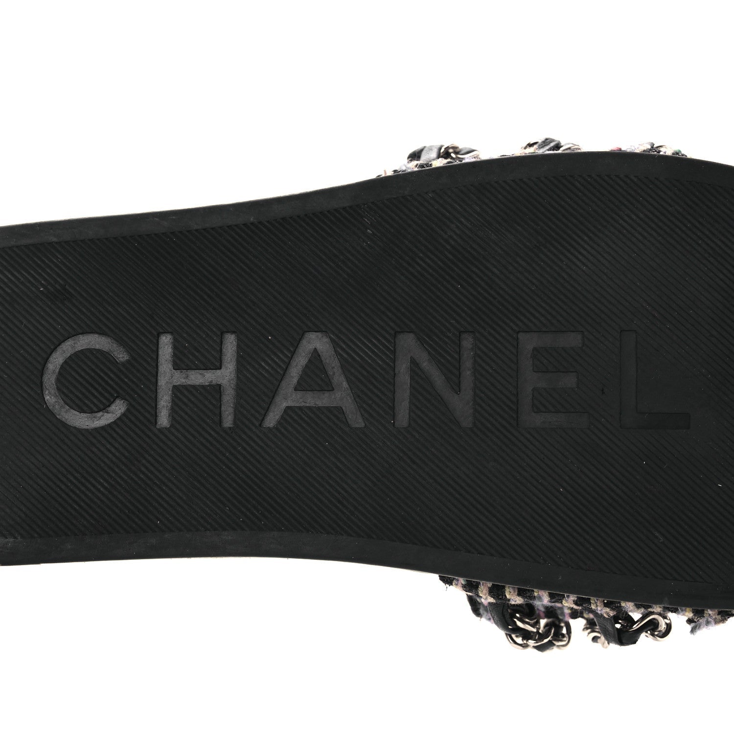 Tweed Lambskin Chain Flat Sandals 36 Black Multicolor