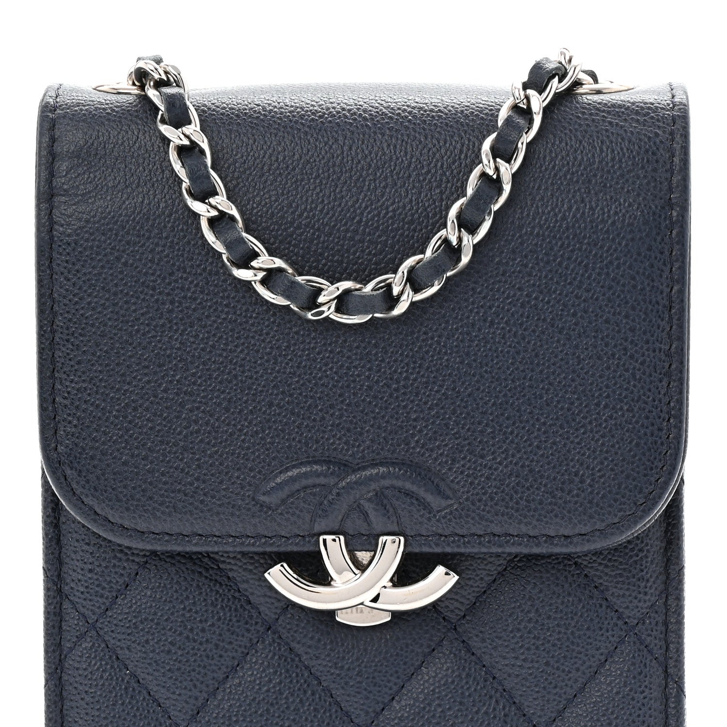 Grained Calfskin Quilted CC Box Clutch With Chain Navy
