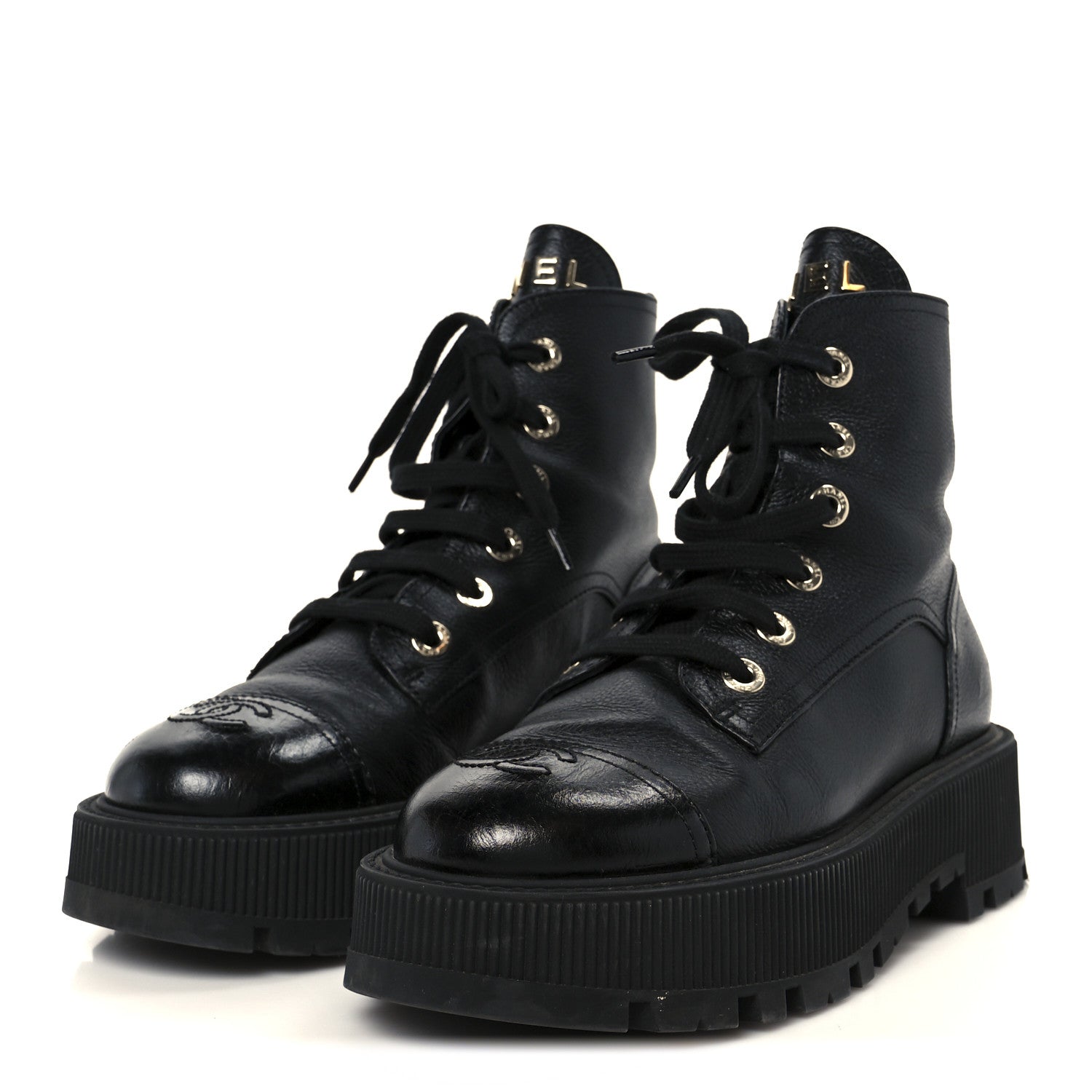 Grained Calfskin Shiny Calfskin CC Lace Up Combat Boots 37.5 Black