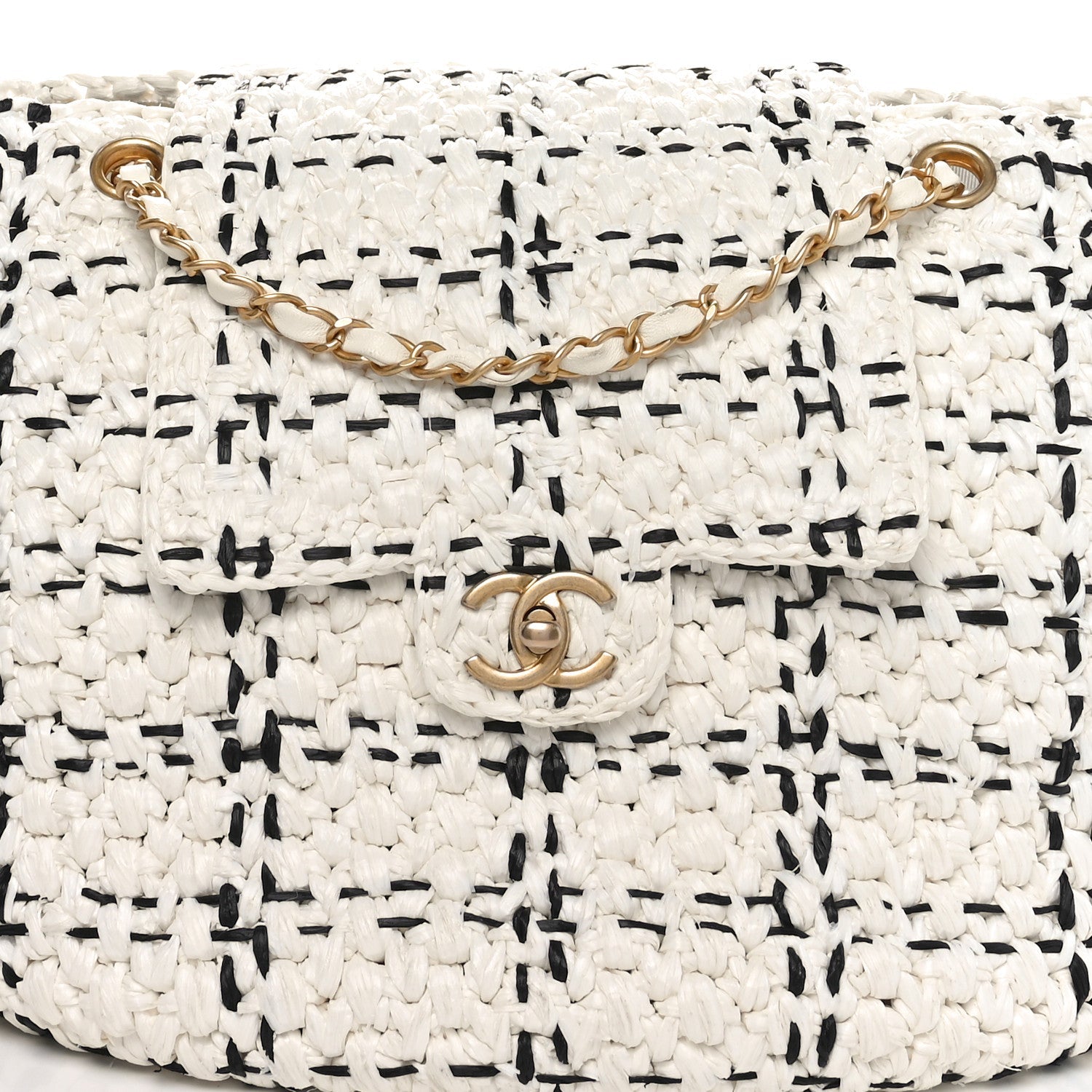 Raffia Effect Tweed Shopping Tote White Black