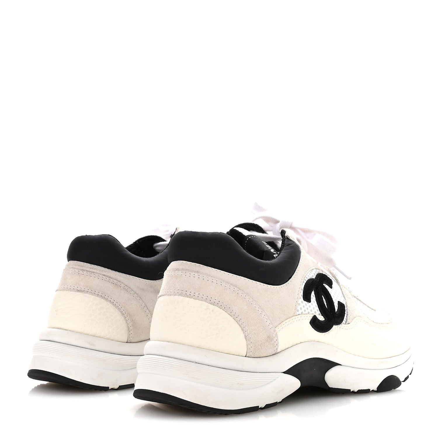 Mesh Suede Calfskin Grained Calfskin Womens CC Sneakers 38.5 White Black