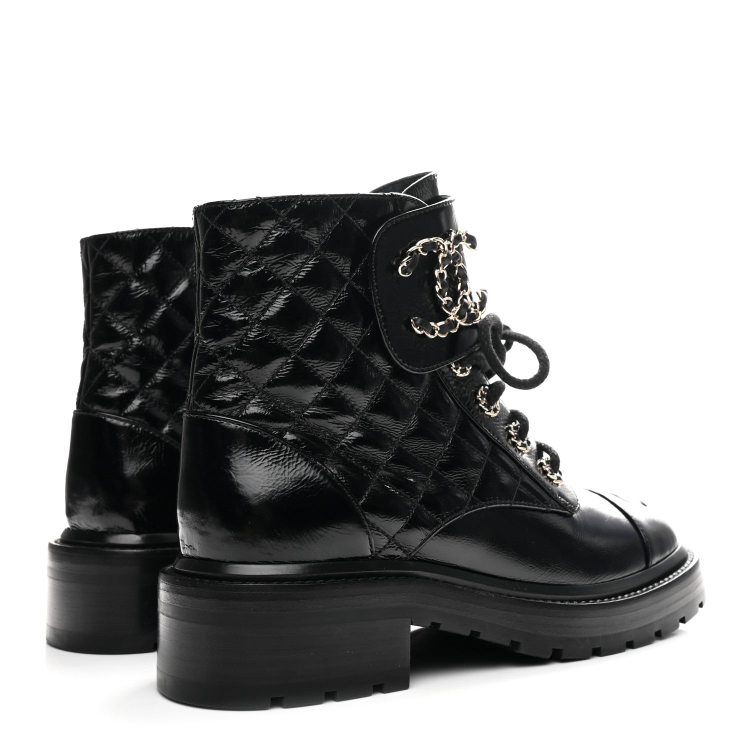 Shiny Calfskin Quilted Lace Up Combat Boots 36.5 Black