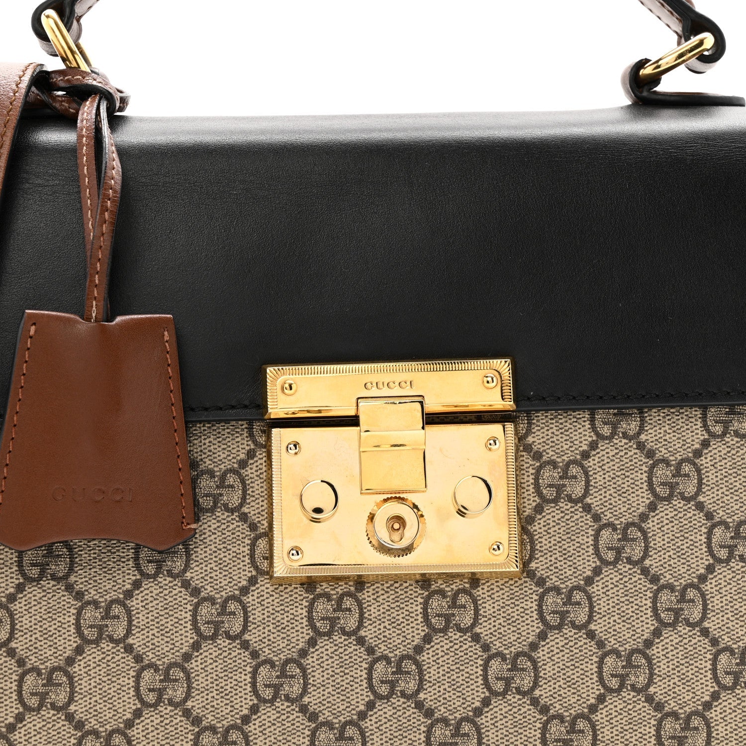 GG Supreme Monogram Calfskin Small Padlock Top Handle Bag Beige Black Cuir