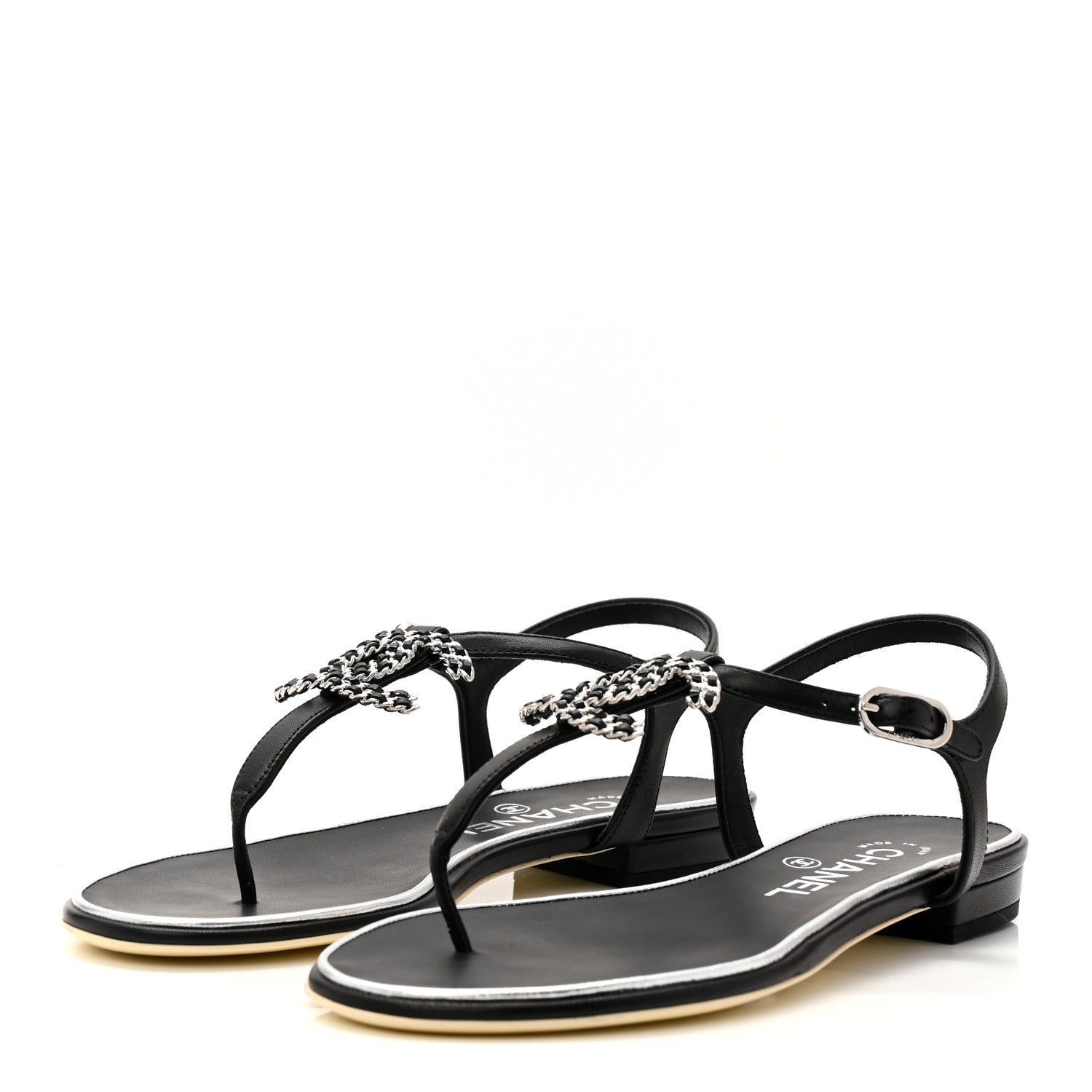 Lambskin CC Chain Thong Sandals 35.5 Black