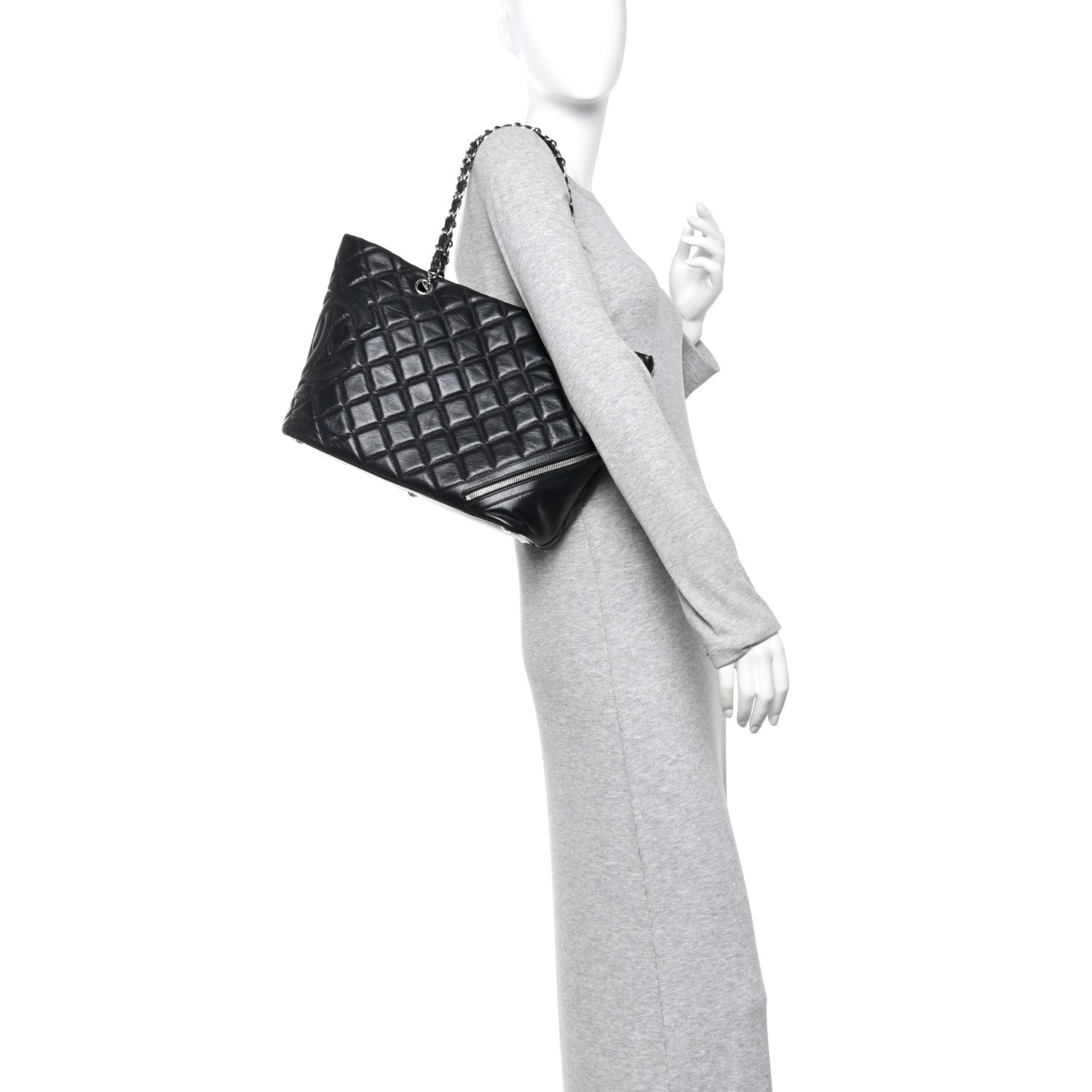 Aged Calfskin Quilted Large Cotton Club Tote Black