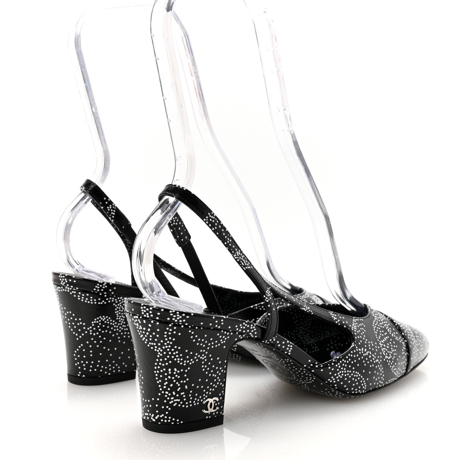 Calfskin Camellia Printed Cap Toe CC Slingback Pumps 37 Black White