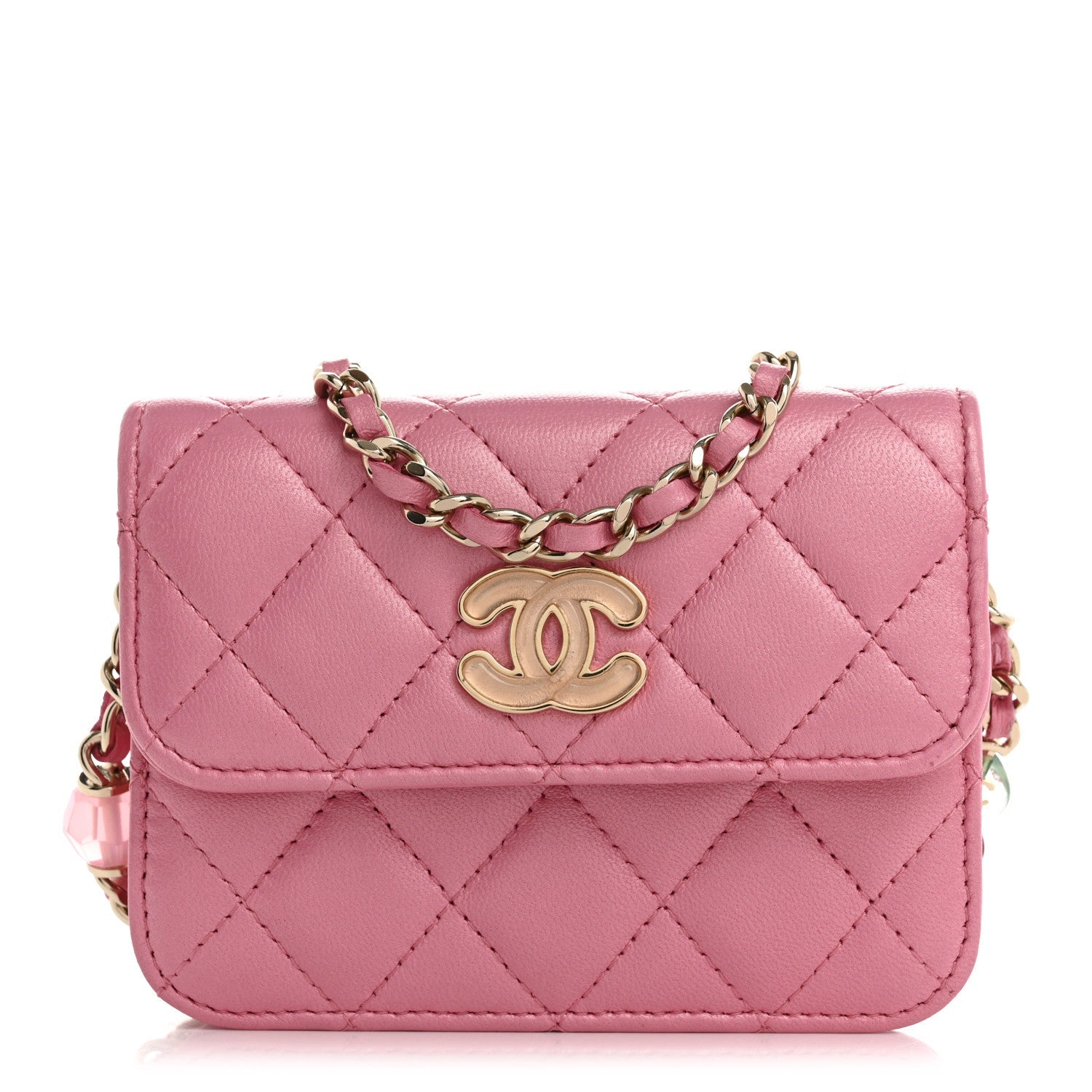 Iridescent Lambskin Quilted Heart Bead Clutch With Chain Pink