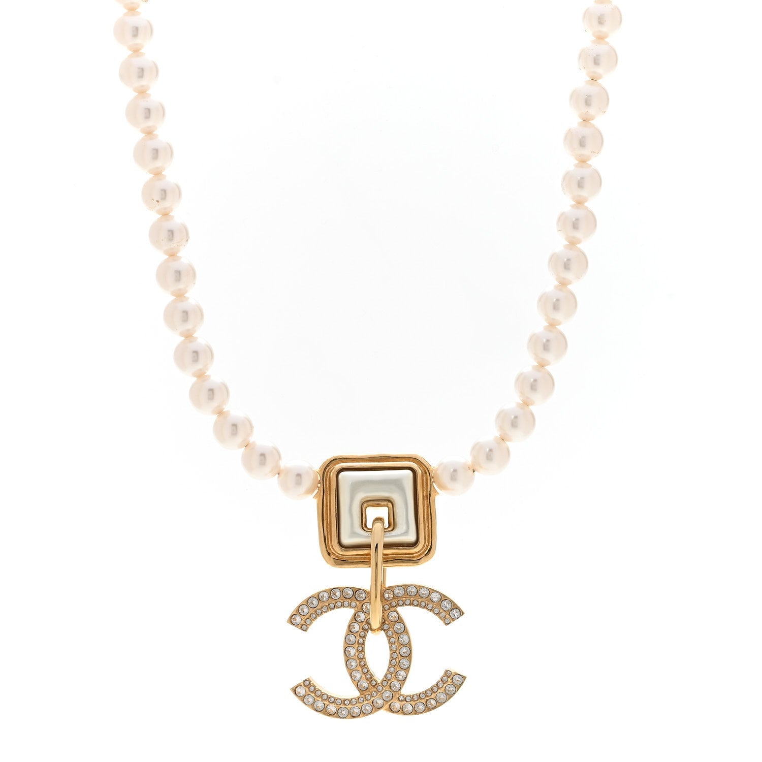 Pearl Crystal CC Square Choker Necklace Gold Pearly White