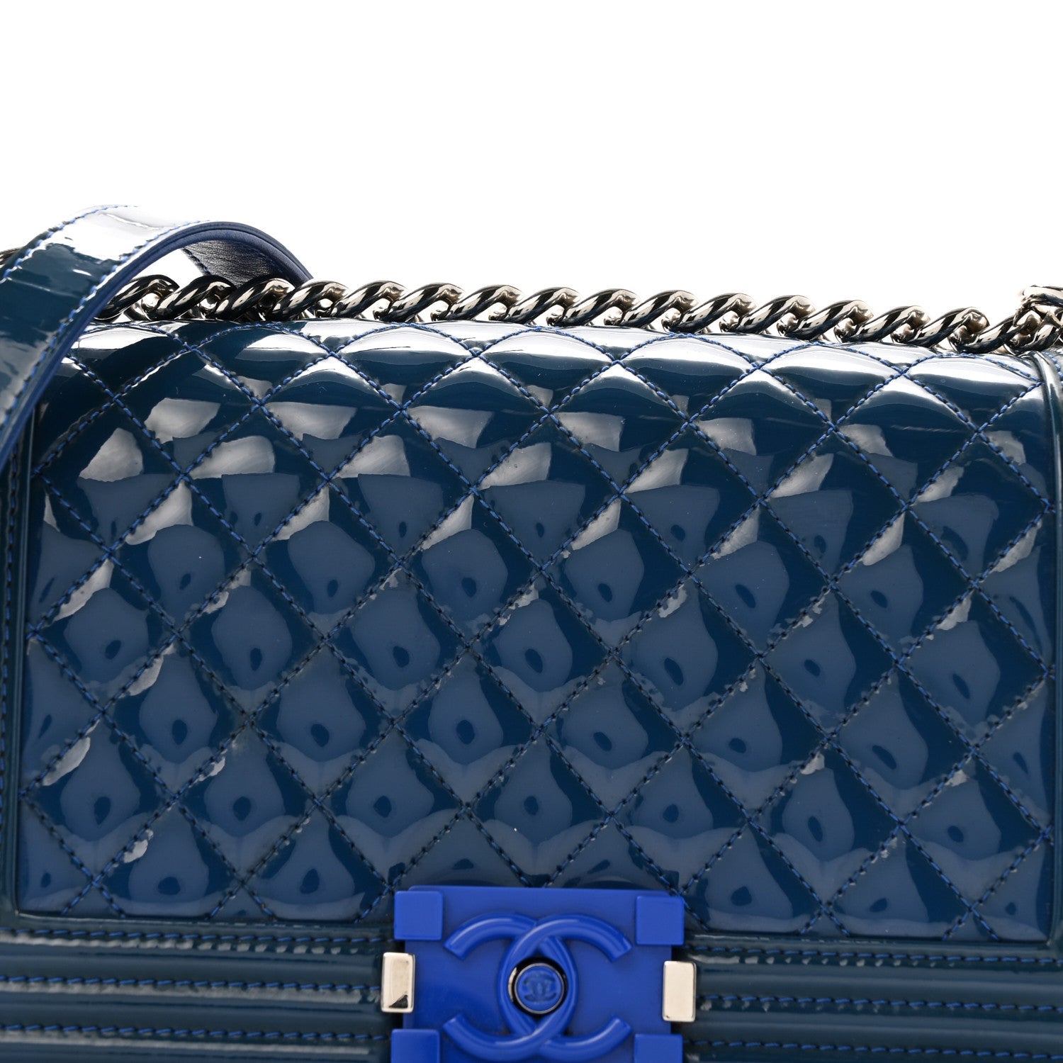 Patent Calfskin Quilted Medium Plexiglass Boy Flap Blue