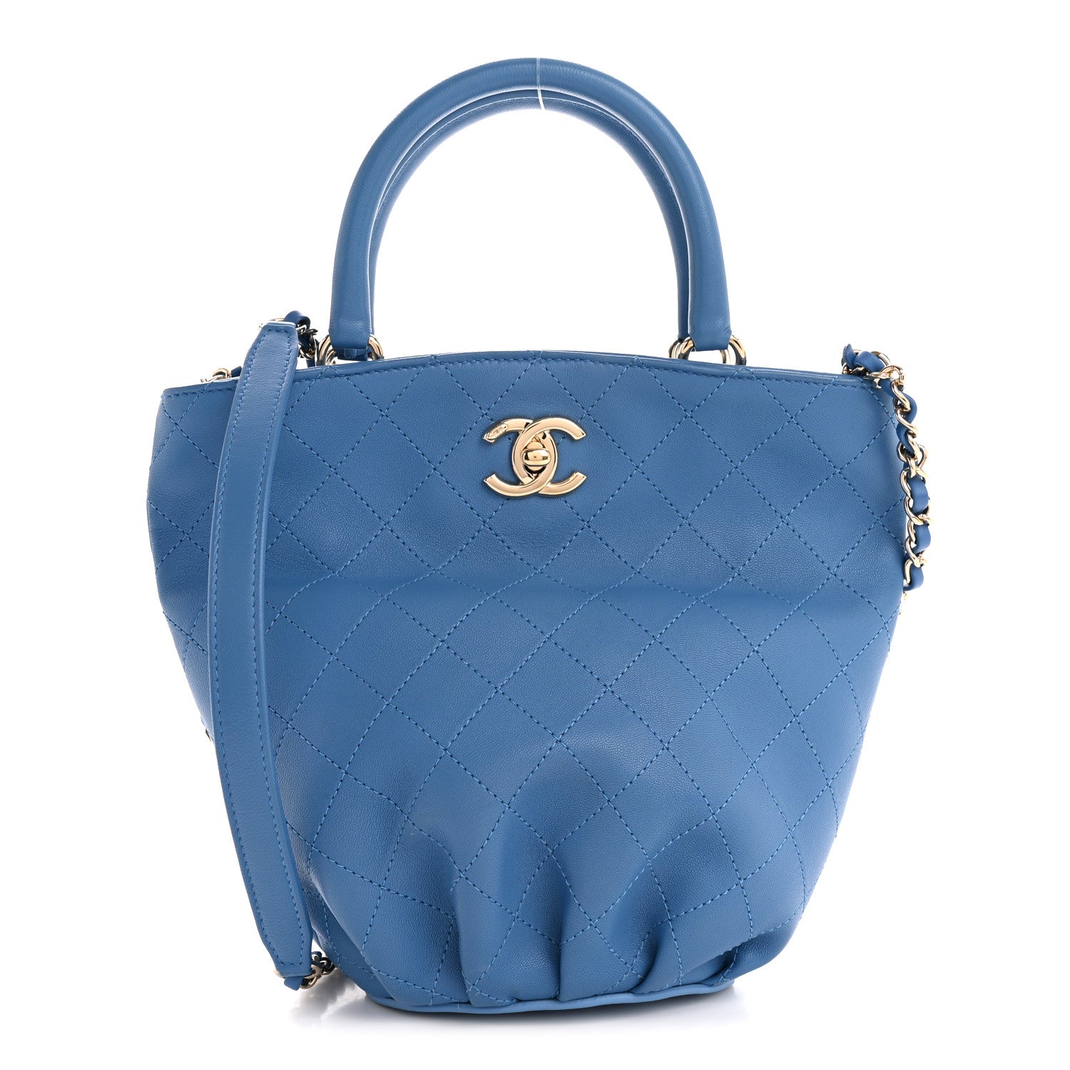 Calfskin Stitched Chain Top Handle Bucket Bag Blue