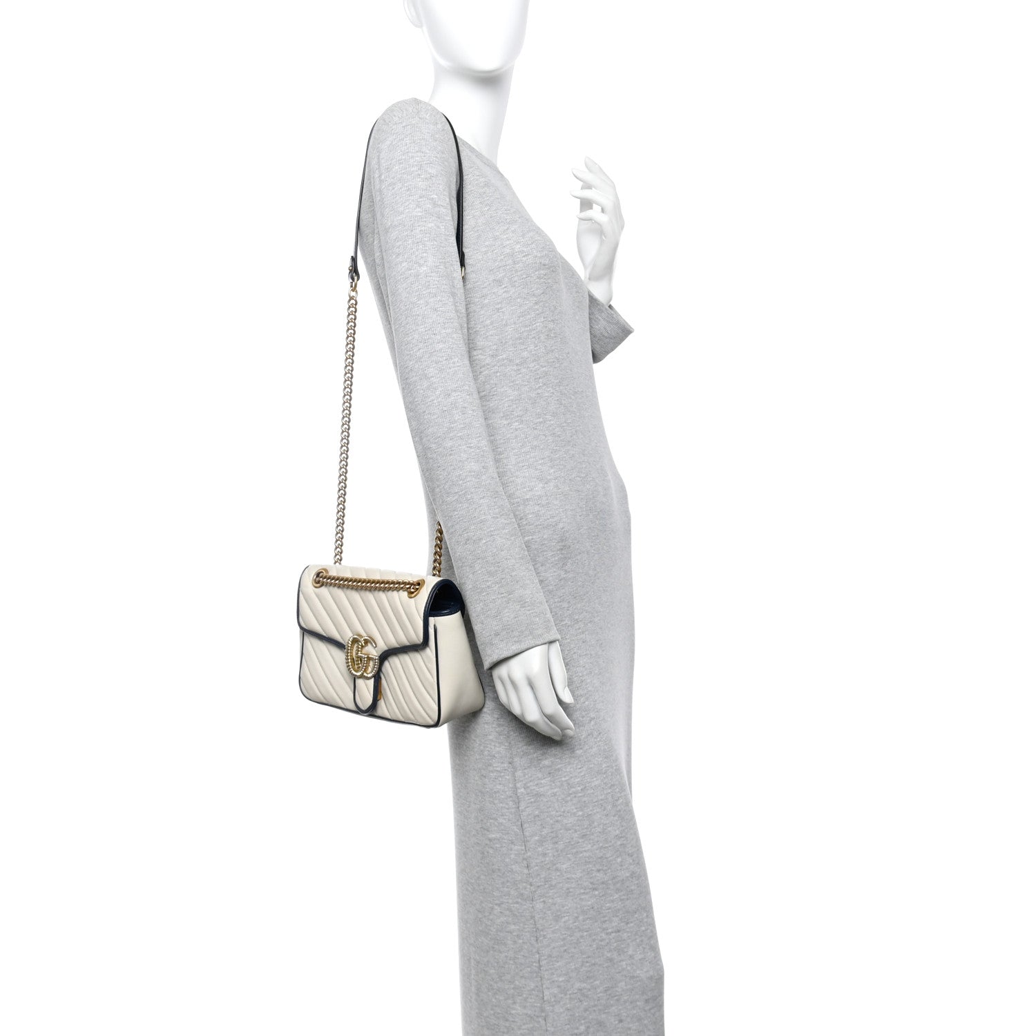 Vintage Effect Calfskin Matelasse Diagonal Small Torchon GG Marmont Shoulder Bag Mystic White Blue Agata
