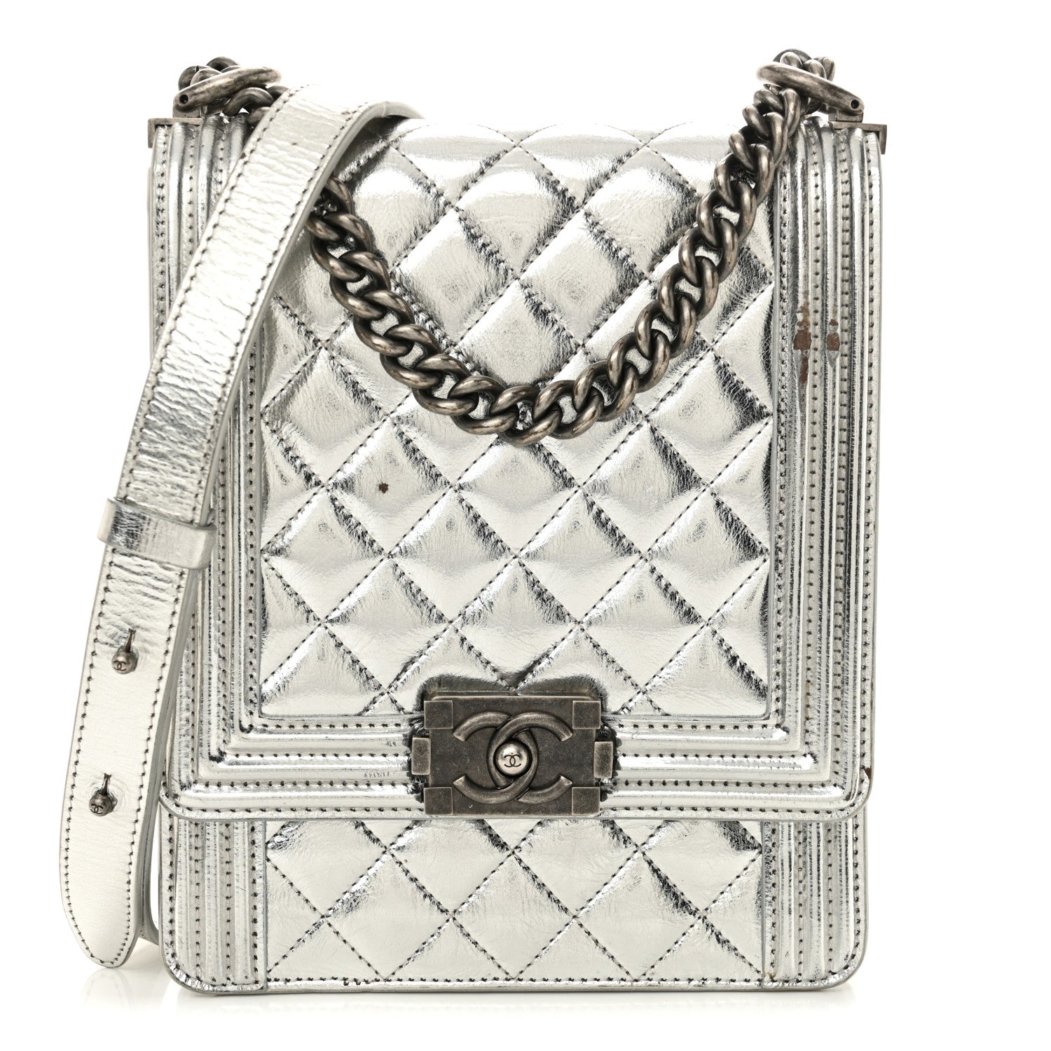Metallic Goatskin Quilted North South Boy Flap Silver