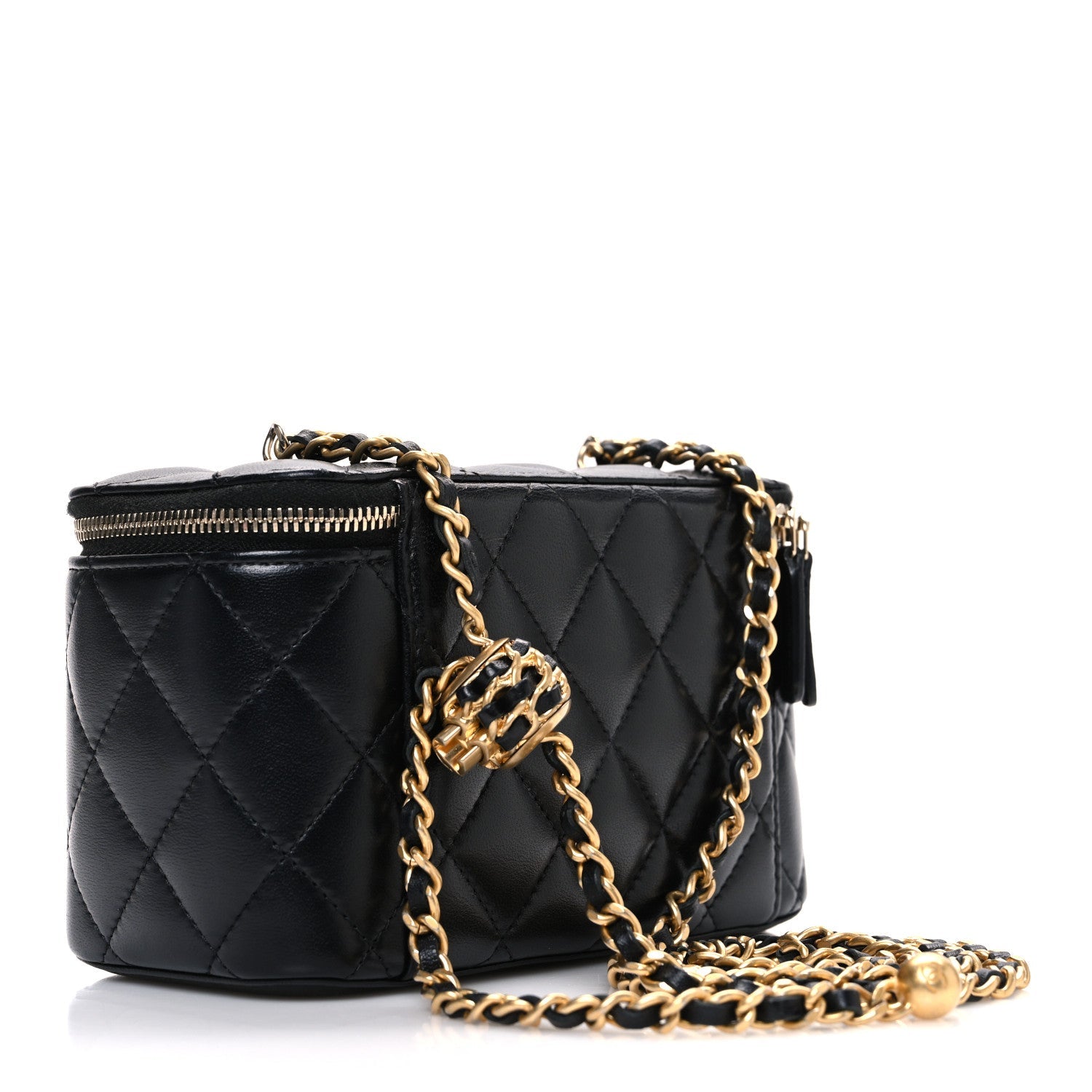 Lambskin Quilted Pearl Crush Small Vanity Case With Chain Black