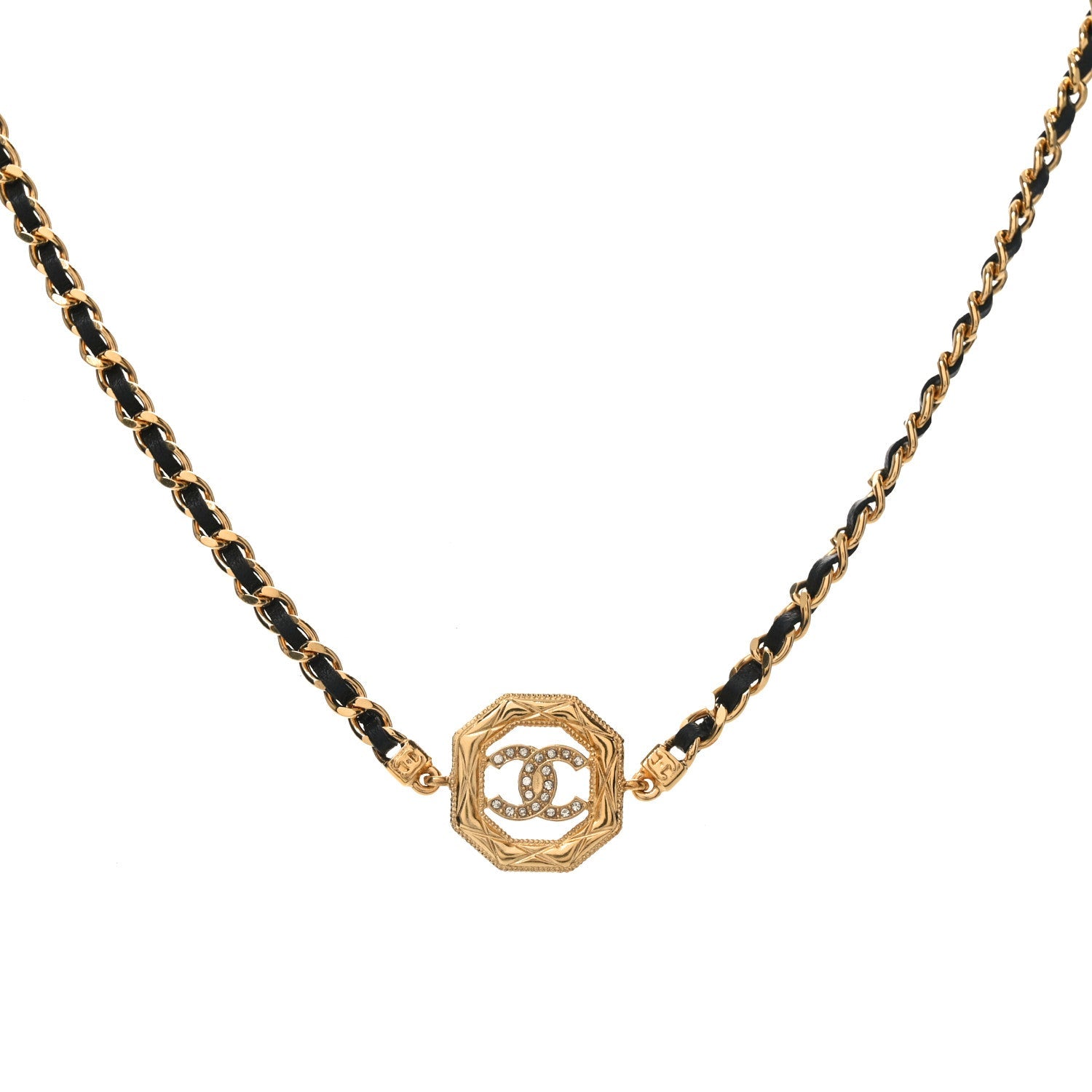 Metal Calfskin Crystal Chain CC Choker Necklace Black Gold
