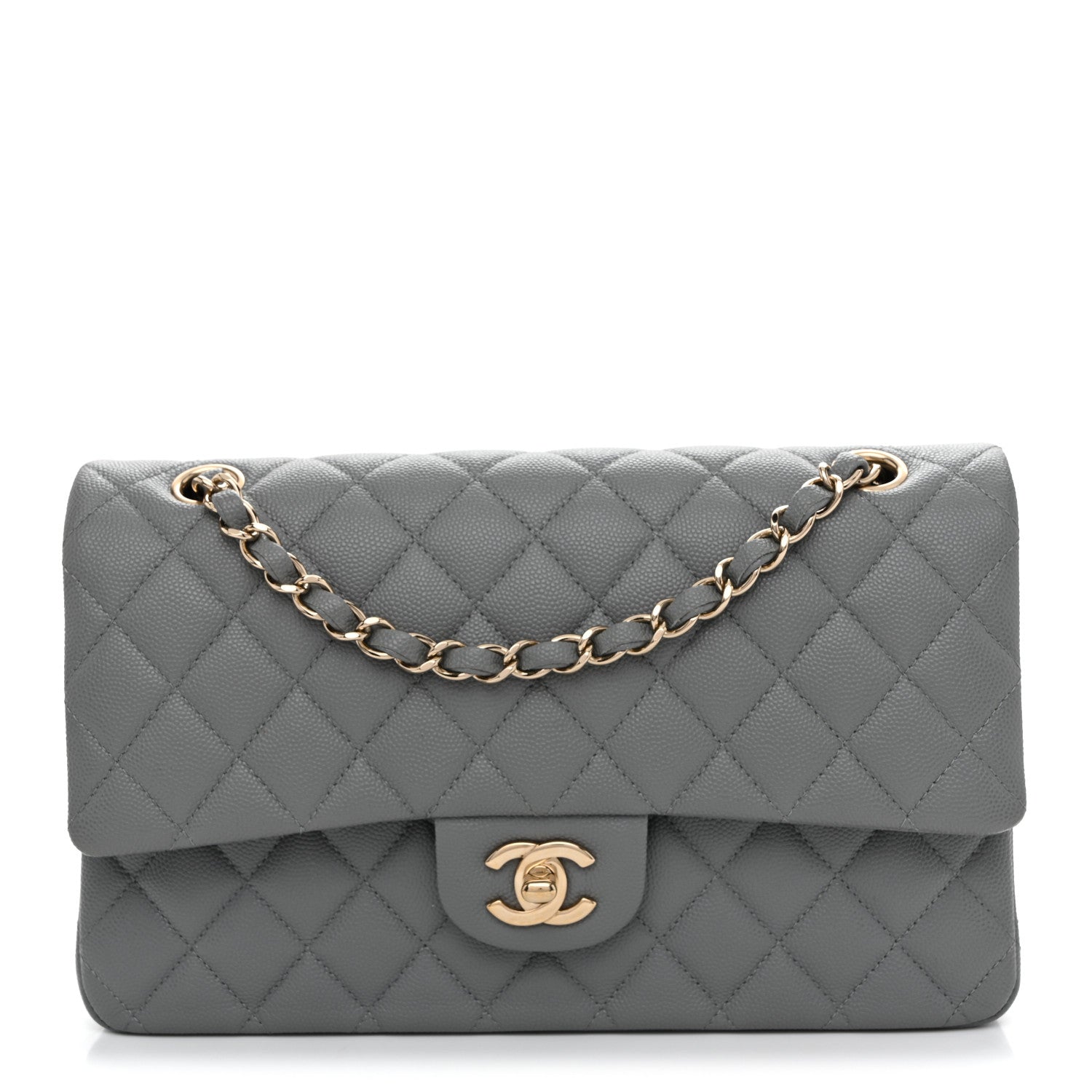 Caviar Quilted Medium Double Flap Grey